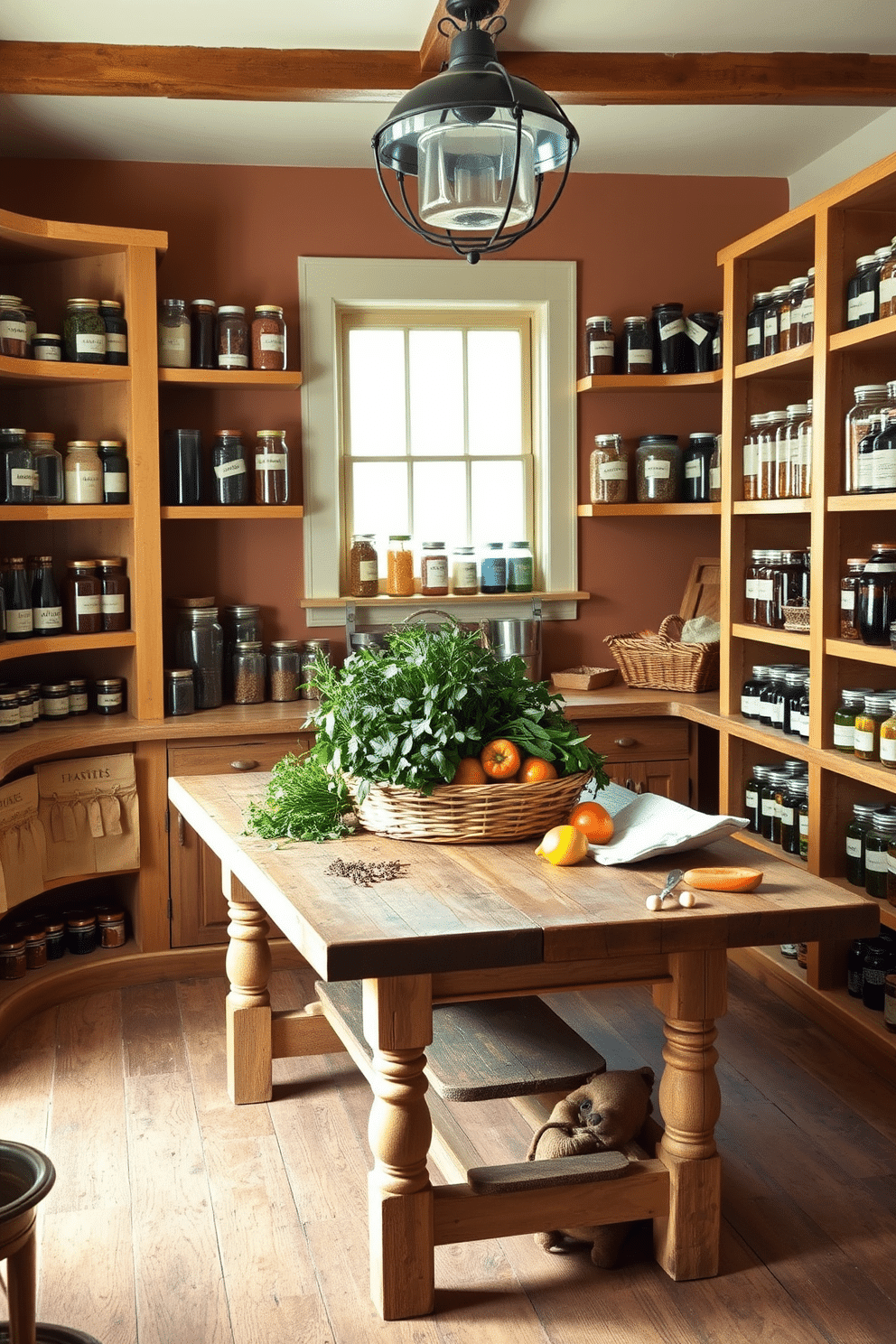 A charming rustic pantry filled with vintage jars for organized storage. The wooden shelves are lined with an assortment of glass jars, each labeled with handwritten tags, showcasing colorful spices and homemade preserves. The walls are painted in a warm, earthy tone, complementing the natural wood tones of the shelves. A large farmhouse table in the center provides ample workspace, adorned with fresh herbs and a woven basket filled with seasonal produce.