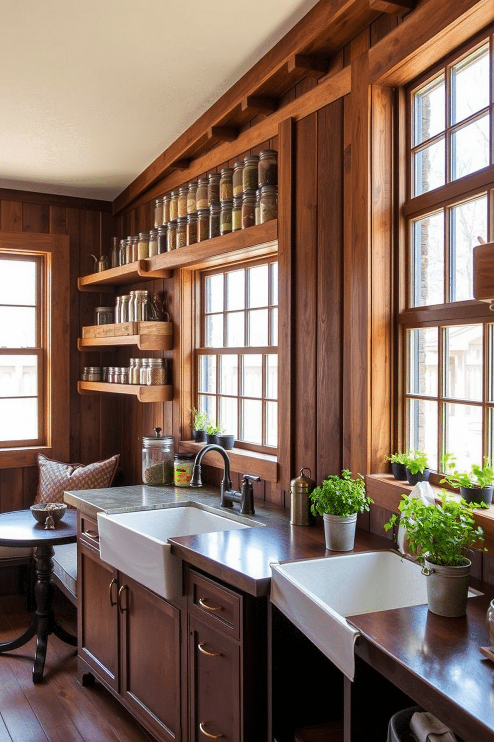 A rustic pantry design featuring reclaimed wood shelves that showcase an array of jars filled with spices and grains. Large windows flood the space with natural light, illuminating the warm tones of the wooden accents and the vintage-inspired decor. The pantry includes a farmhouse-style sink with an antique faucet, surrounded by open shelving for easy access to cooking essentials. A cozy seating nook with a small table invites family gatherings, complemented by potted herbs on the windowsill for a touch of greenery.