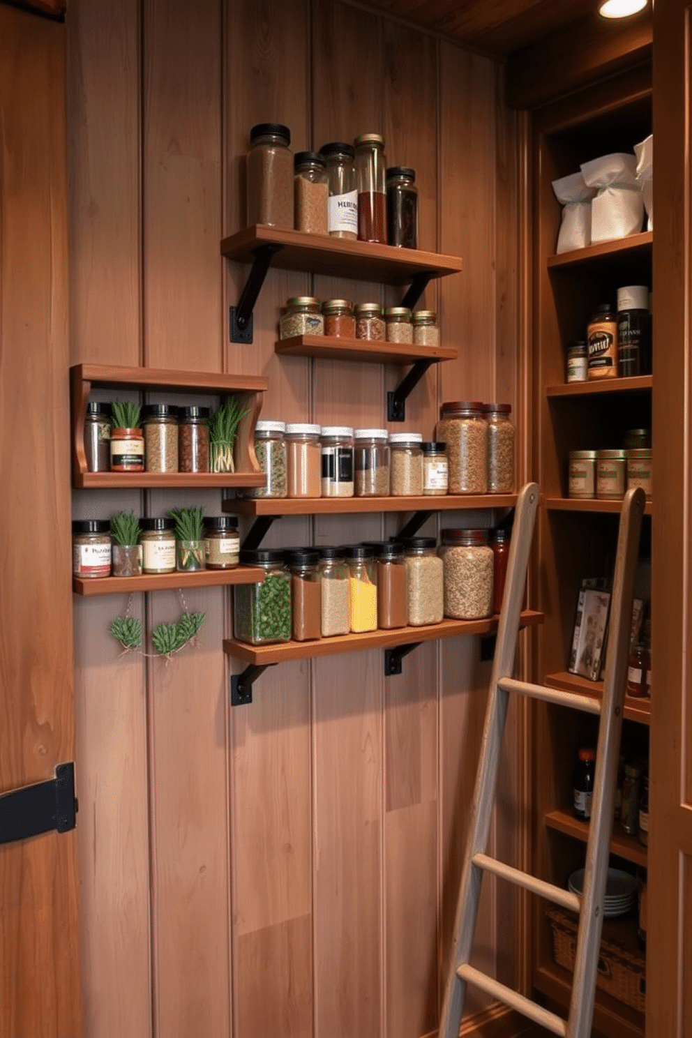 A rustic pantry featuring wall-mounted spice racks for easy access. The shelves are made of reclaimed wood, showcasing an array of colorful spice jars and herbs in glass containers, creating a warm, inviting atmosphere. The pantry has a farmhouse-style door and is illuminated by soft, ambient lighting, enhancing the natural textures of the wood. A vintage ladder leans against the wall, providing a charming touch while allowing access to higher shelves filled with neatly organized dry goods.