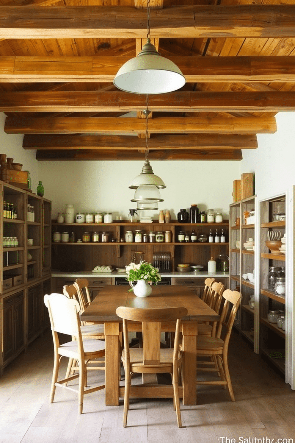 A rustic pantry featuring reclaimed wood beams that span the ceiling, adding warmth and character to the space. The walls are lined with open shelving made from distressed wood, showcasing a collection of vintage jars and artisanal goods. Incorporate a farmhouse-style table in the center, surrounded by mismatched chairs that enhance the cozy, eclectic feel. Soft, ambient lighting from pendant fixtures casts a warm glow, inviting you to enjoy the charm of this functional yet beautiful pantry.