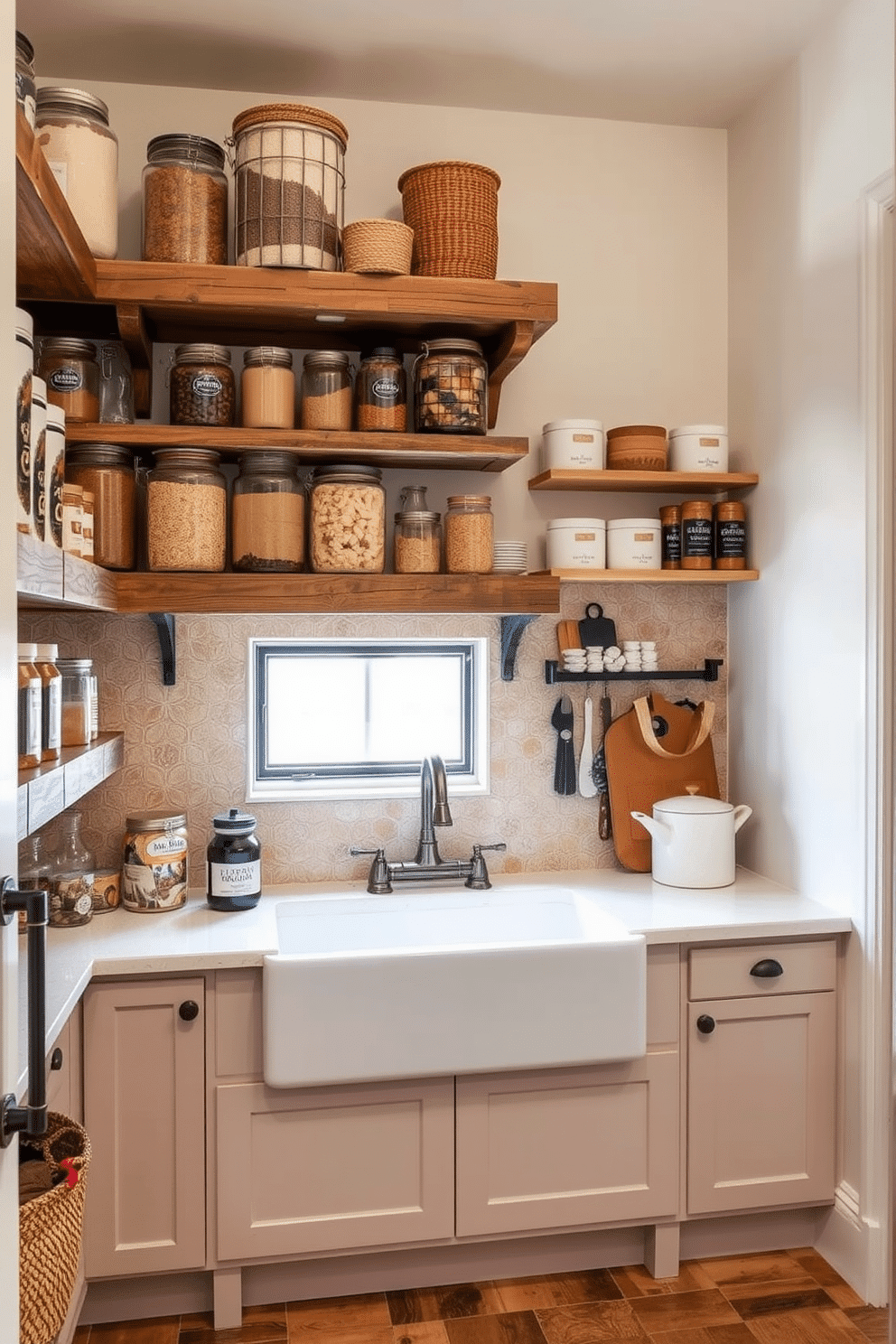 A rustic pantry design featuring a textured tile backsplash that enhances the warmth of the space. The shelves are made of reclaimed wood, displaying an assortment of jars and baskets filled with dry goods and spices. The walls are painted in a soft cream color, complementing the earthy tones of the tiles. A large farmhouse sink sits beneath a window, allowing natural light to illuminate the rustic charm of the pantry.