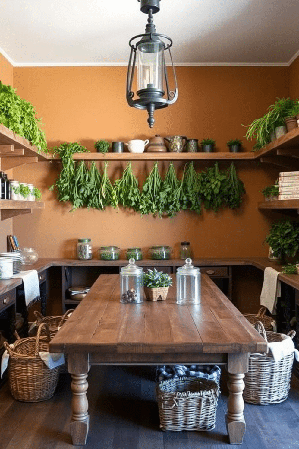 A rustic pantry design featuring open wooden shelves filled with hanging herbs for freshness and decor. The walls are painted in warm earth tones, and a large farmhouse table sits in the center, surrounded by vintage jars and baskets for storage.