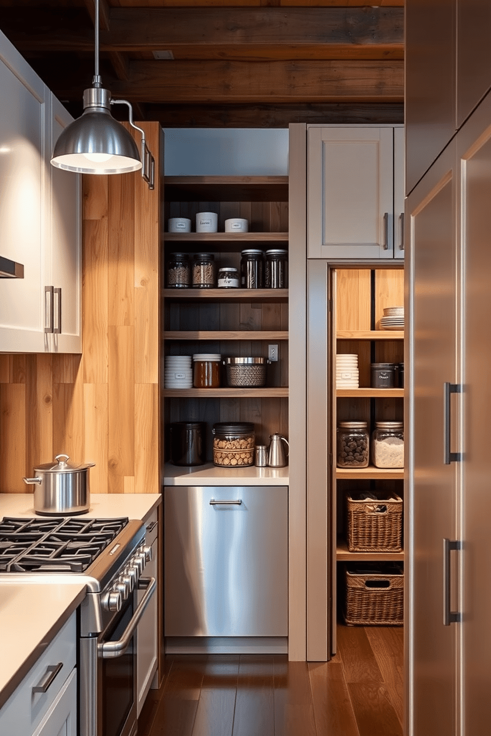 A modern kitchen featuring stainless steel appliances that seamlessly blend with sleek cabinetry. The space is illuminated by pendant lights, highlighting the polished surfaces and creating a contemporary ambiance. A rustic pantry designed with reclaimed wood shelving and vintage-style hardware. The warm tones of the wood contrast beautifully with the organized jars and baskets, creating an inviting and functional storage space.