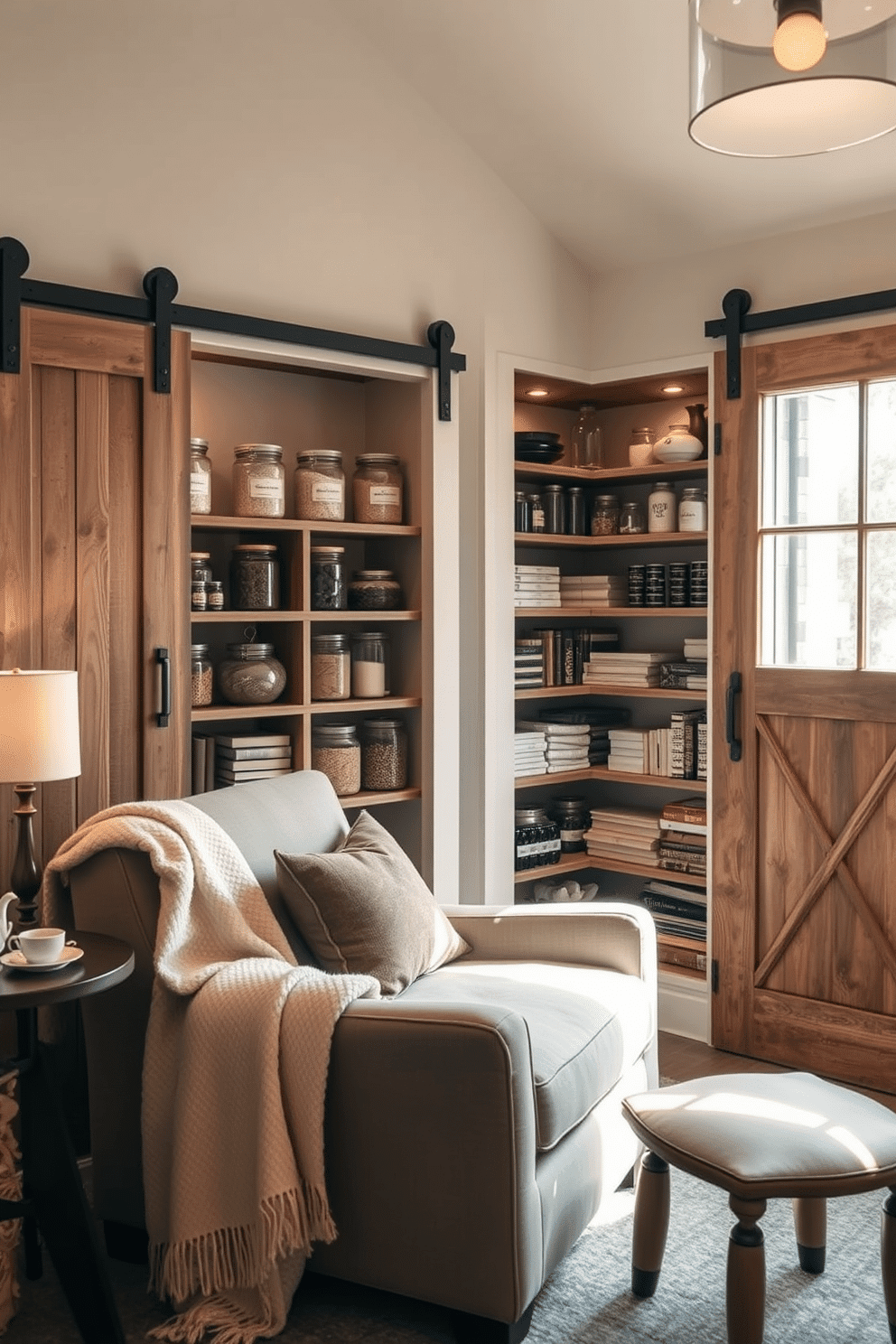 Cozy reading nook with built-in shelves. A plush armchair is positioned near a large window, bathed in natural light, with a soft throw blanket draped over one side. The built-in shelves are filled with an eclectic mix of books and decorative items, creating a warm and inviting atmosphere. A small side table holds a steaming cup of tea and a reading lamp, enhancing the nook's charm. Rustic pantry design ideas. The pantry features reclaimed wood shelving that displays an array of jars filled with grains and spices, adding a touch of farmhouse elegance. A sliding barn door made of weathered wood complements the rustic theme, while pendant lighting casts a warm glow over the space, making it both functional and aesthetically pleasing.