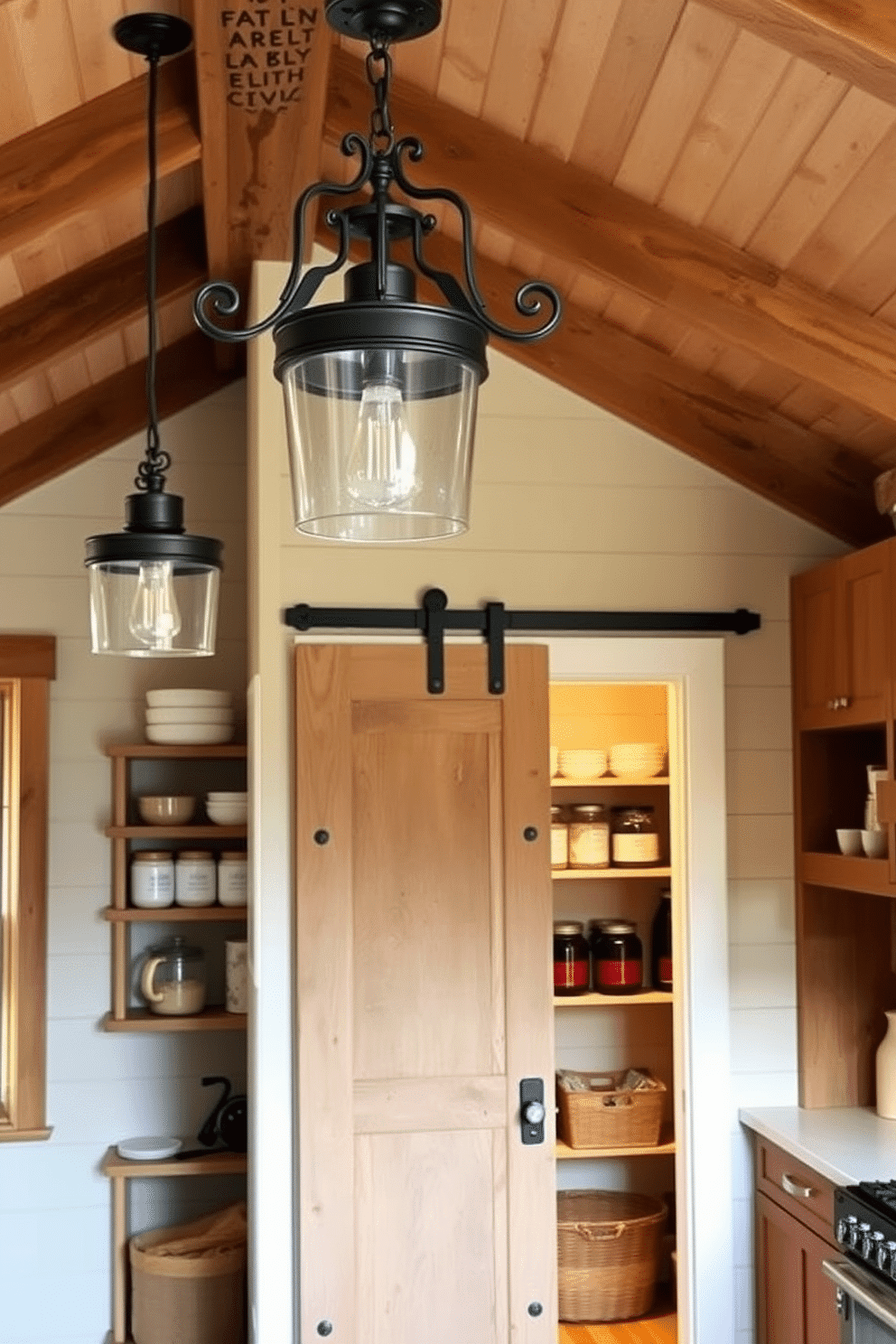 A cozy farmhouse kitchen featuring warm wooden beams and shiplap walls. The space is illuminated by charming light fixtures made from wrought iron and vintage glass, creating a welcoming ambiance. A rustic pantry designed with reclaimed wood shelves and a sliding barn door. The interior is organized with labeled jars and baskets, showcasing a blend of functionality and farmhouse charm.