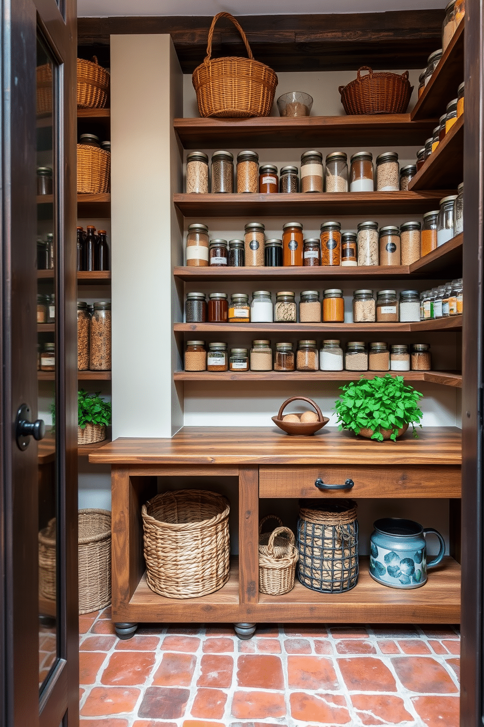 A rustic pantry design featuring open wooden shelves filled with jars of spices and grains, all arranged in a visually pleasing manner. The walls are painted in a soft beige, complemented by a reclaimed wood countertop that adds warmth to the space. Incorporate natural elements such as woven baskets and potted herbs for a touch of greenery. The floor is made of rustic terracotta tiles, enhancing the cozy, inviting atmosphere of the pantry.