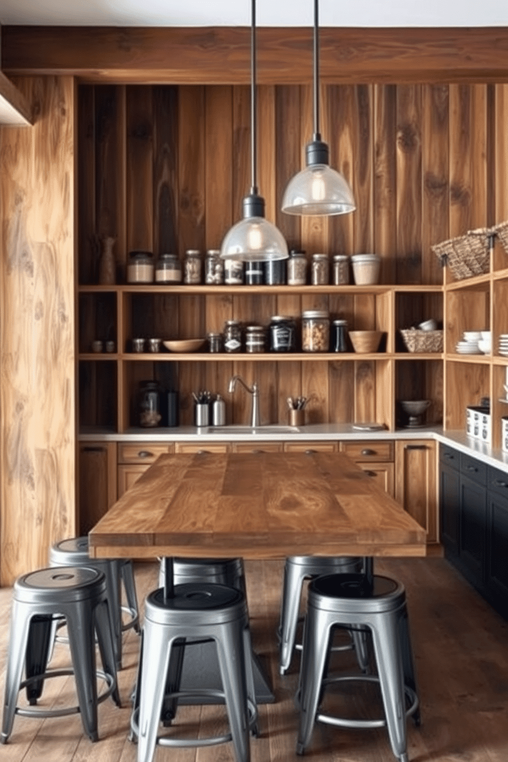 A rustic pantry featuring a mix of textures, combining warm wooden shelves with sleek metal accents. The walls are adorned with reclaimed wood paneling, while open shelving displays a variety of jars and baskets for storage. A large farmhouse-style table made of distressed wood sits in the center, surrounded by metal stools with a matte finish. Soft, ambient lighting from pendant lights creates a cozy atmosphere, highlighting the natural beauty of the materials used.