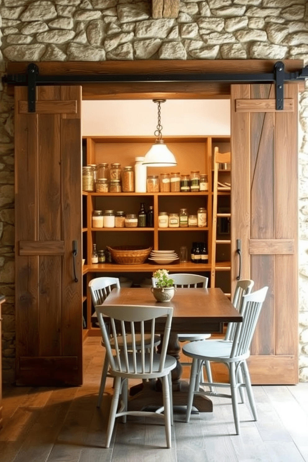 A cozy rustic pantry features sliding barn doors made of reclaimed wood, adding a touch of charm and practicality to the space. Inside, open shelving displays an array of jars filled with ingredients, while a vintage ladder leans against the wall for easy access to higher shelves. The warm, earthy tones of the wood complement the textured stone walls, creating an inviting atmosphere. A farmhouse-style table sits in the center, surrounded by mismatched chairs, perfect for meal prep and casual gatherings.