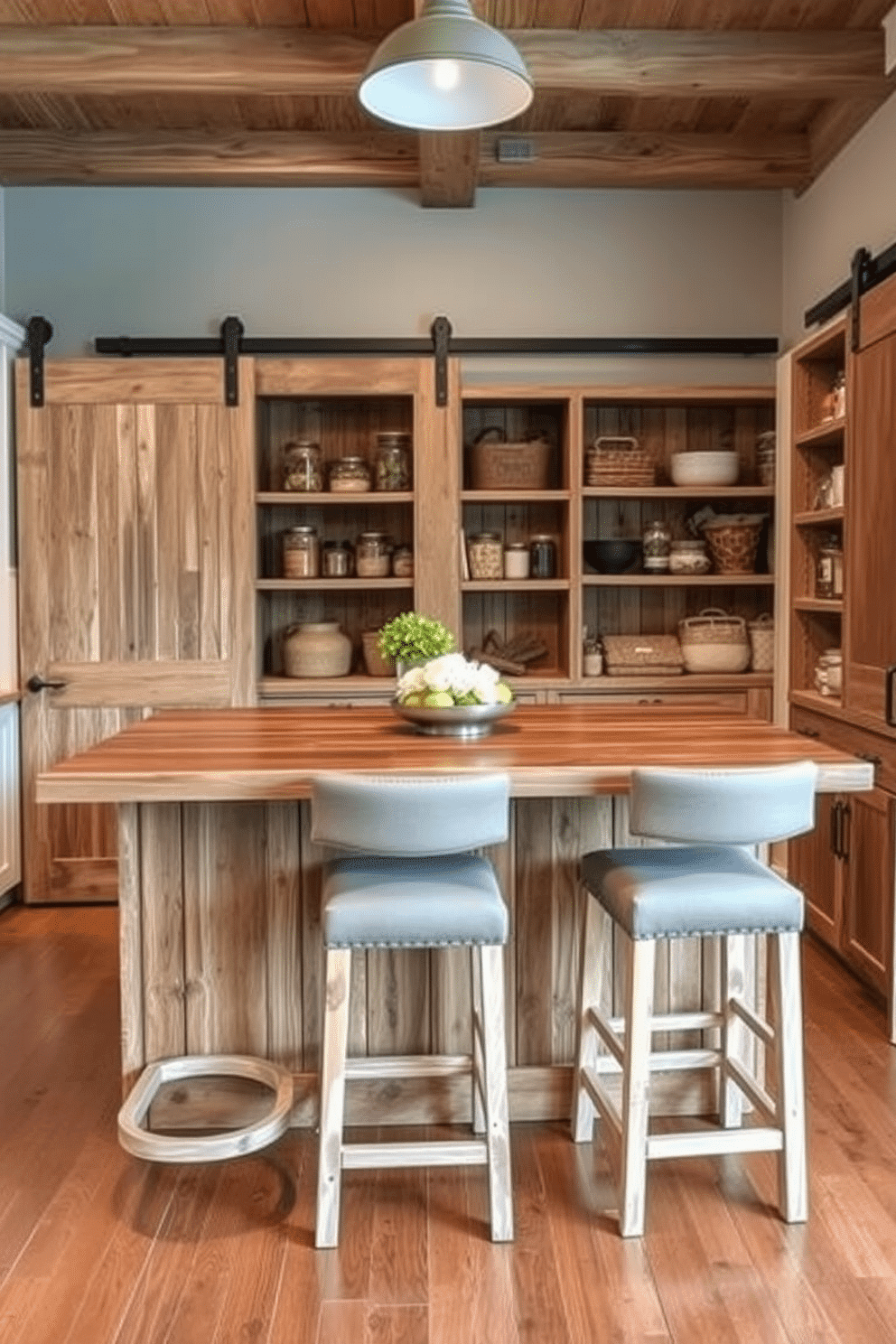 A functional island with seating options features a large, central countertop made of reclaimed wood, surrounded by high-backed stools upholstered in soft, durable fabric. The island is equipped with built-in storage cabinets and open shelving underneath, providing ample space for kitchen essentials and decorative items. Rustic pantry design ideas include open shelving made from distressed wood, showcasing neatly organized jars and baskets filled with dry goods. The space is accented with vintage-style lighting and a sliding barn door, creating a warm and inviting atmosphere that complements the rustic aesthetic.