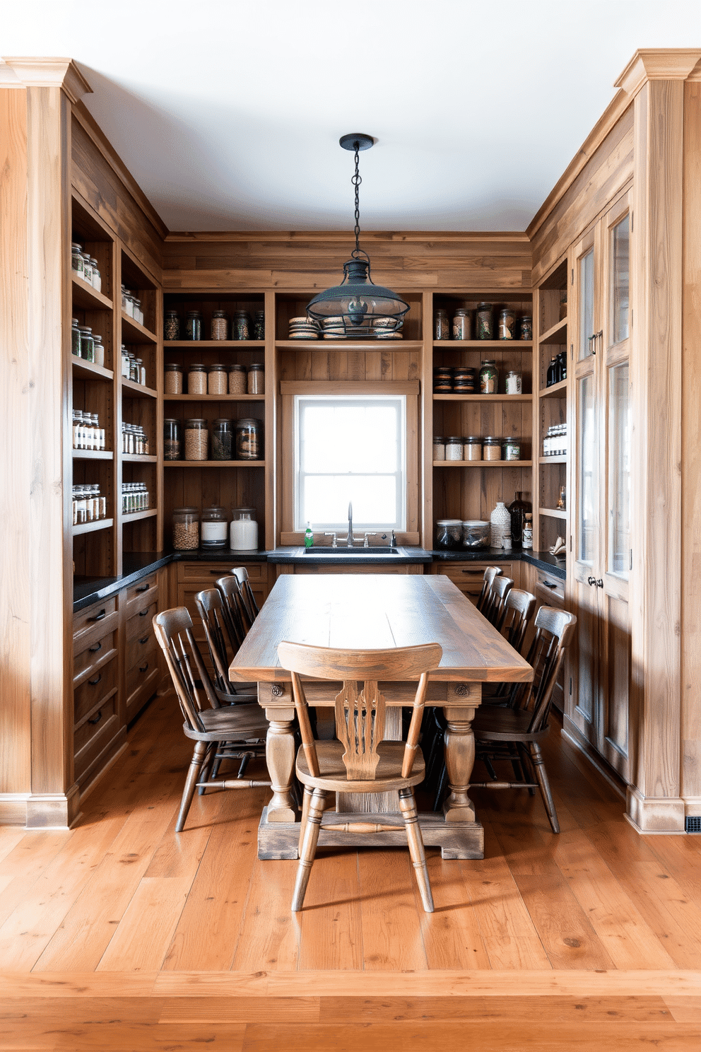 A rustic pantry featuring natural wood finishes with a distressed look. The shelves are made of reclaimed wood, showcasing an array of jars filled with grains and spices, while a large farmhouse table sits in the center, surrounded by mismatched wooden chairs.