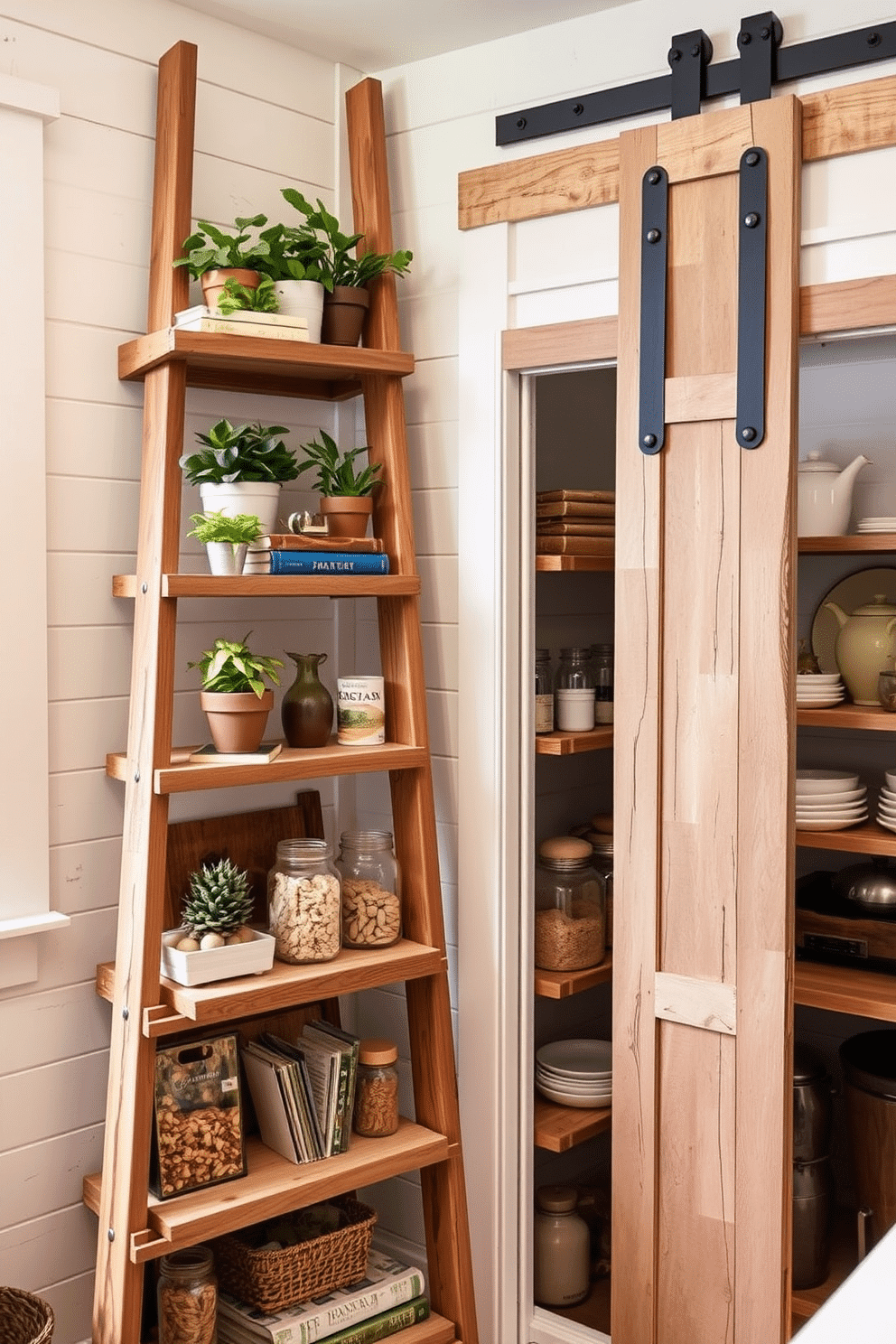 A ladder shelf made of reclaimed wood leans against a whitewashed wall, showcasing a curated collection of potted plants and decorative books. The shelves are staggered at varying heights, creating an inviting focal point that maximizes vertical storage while adding warmth to the space. A rustic pantry features open shelving made from distressed wood, filled with glass jars of dry goods and vintage kitchenware. The walls are adorned with shiplap, and a farmhouse-style sliding door adds charm, completing the cozy, functional design.