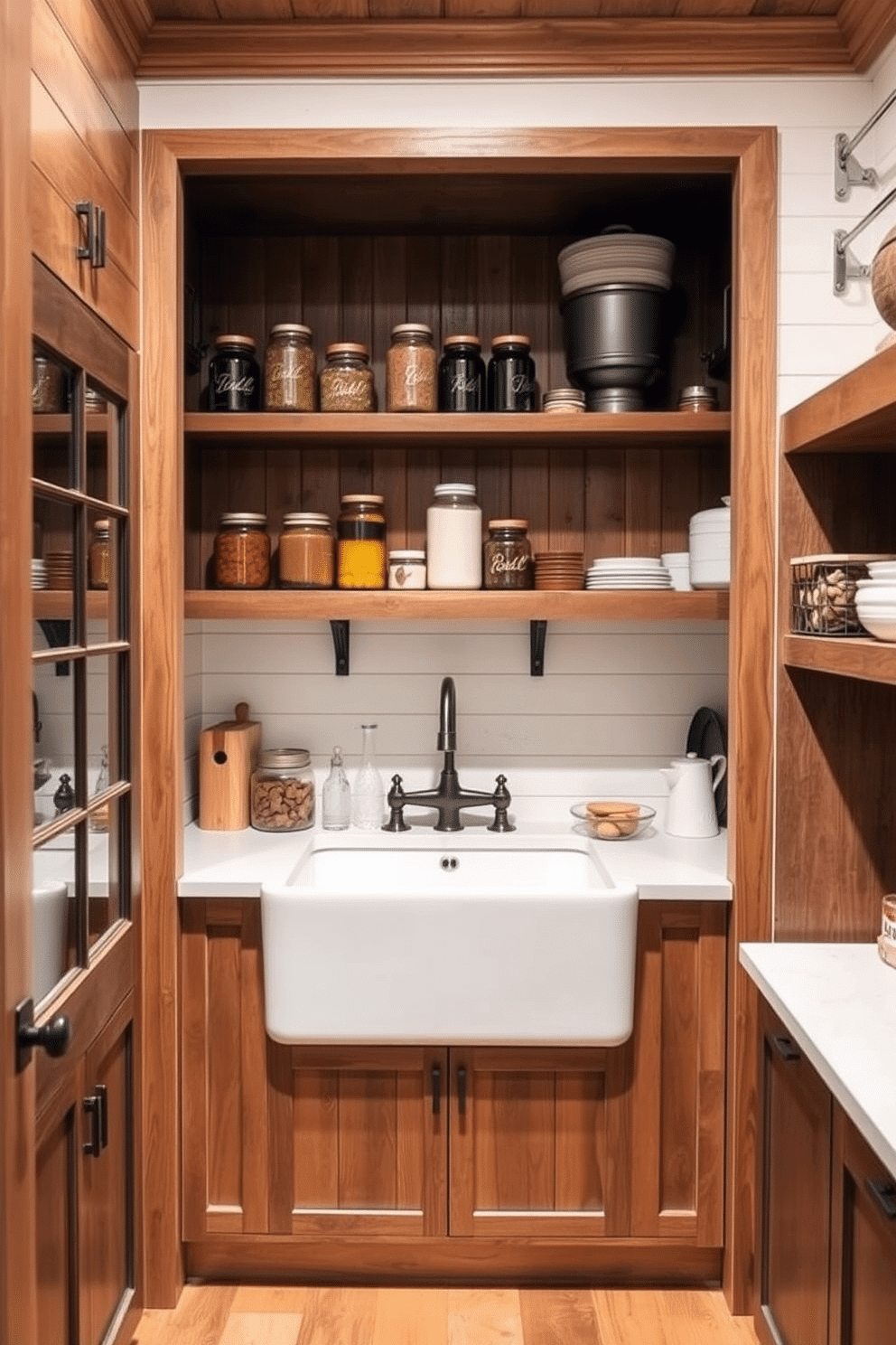 A rustic pantry featuring a farmhouse sink seamlessly integrated into the cabinetry. The sink is surrounded by open wooden shelves filled with jars and rustic kitchenware, while the walls are adorned with shiplap for a cozy, farmhouse feel.