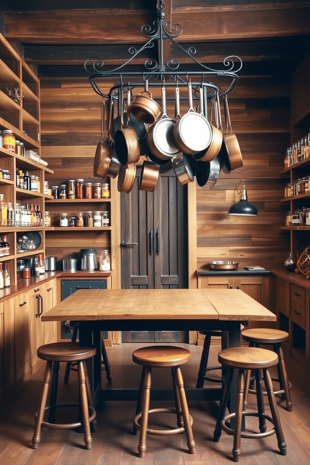 A rustic pantry featuring hanging pots and pans creates a warm, inviting atmosphere. The walls are adorned with reclaimed wood shelves, showcasing an array of colorful spices and jars. In the center, a large wooden table serves as a workspace, surrounded by vintage stools. A collection of copper pots and pans dangles from a wrought iron rack above, adding charm and functionality.