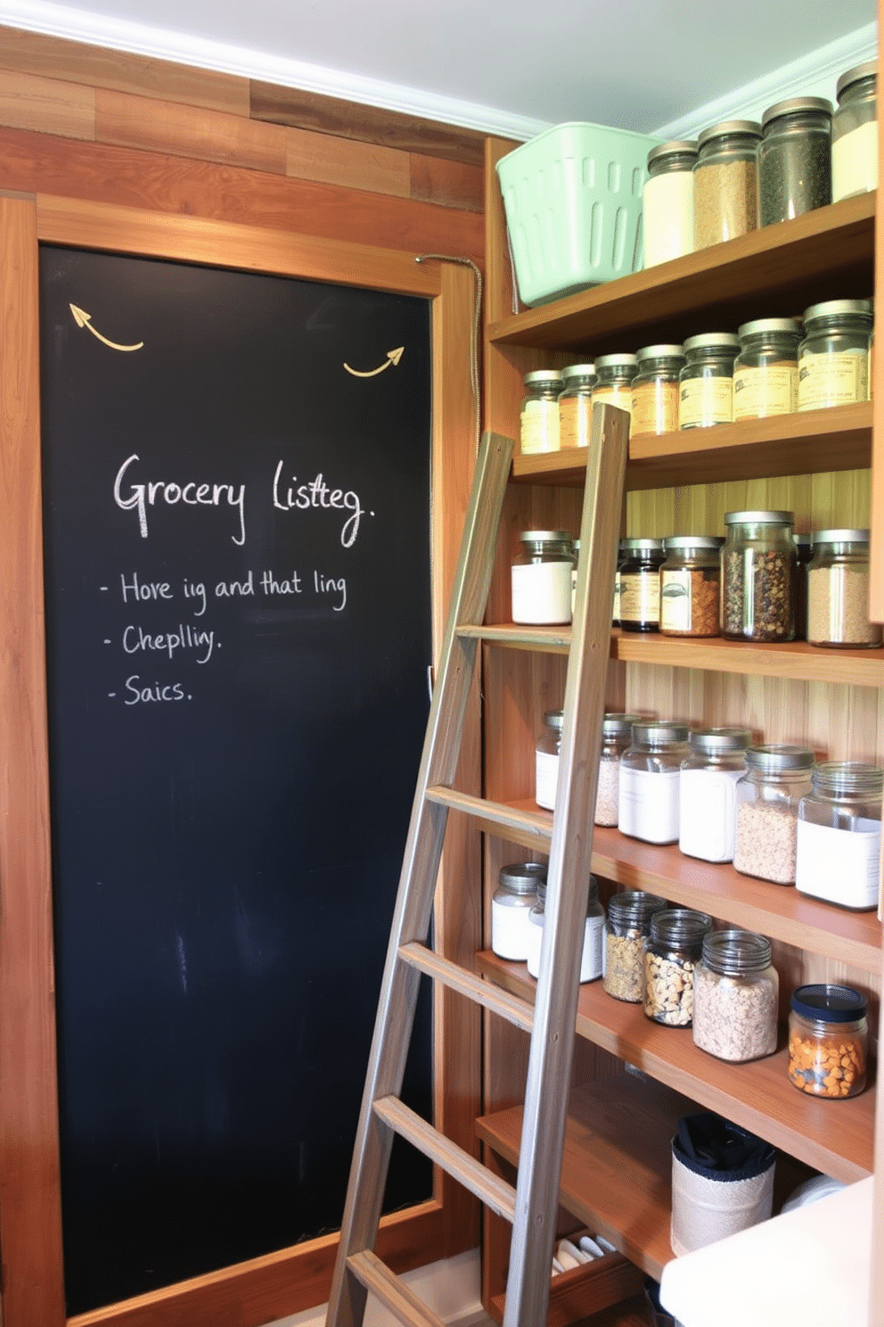 A cozy rustic pantry featuring a chalkboard wall for grocery lists. The chalkboard wall is framed in reclaimed wood, providing a perfect contrast to the warm tones of the wooden shelves filled with jars of grains and spices. The pantry showcases a vintage ladder leaning against the shelves for easy access to the upper storage. Soft, ambient lighting illuminates the space, creating an inviting atmosphere for meal prep and organization.