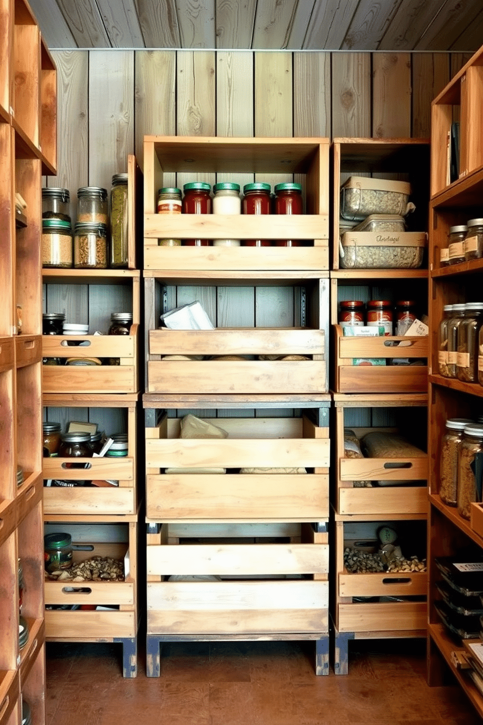 A cozy rustic pantry filled with wooden crates stacked for easy access to ingredients. The walls are adorned with reclaimed wood, and the shelves are lined with jars of spices and dried goods, creating a warm and inviting atmosphere.