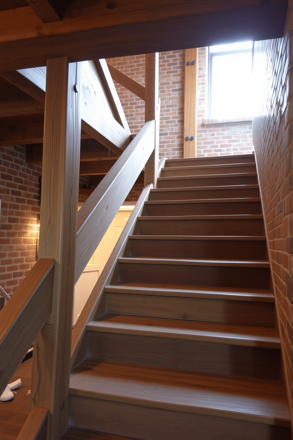 A rustic staircase featuring sturdy wooden beams as support creates a warm and inviting atmosphere. The steps are crafted from reclaimed wood, showcasing natural imperfections and rich grain patterns. Surrounding the staircase, exposed brick walls add character and contrast to the wooden elements. Soft, ambient lighting illuminates the space, highlighting the craftsmanship of the staircase design.