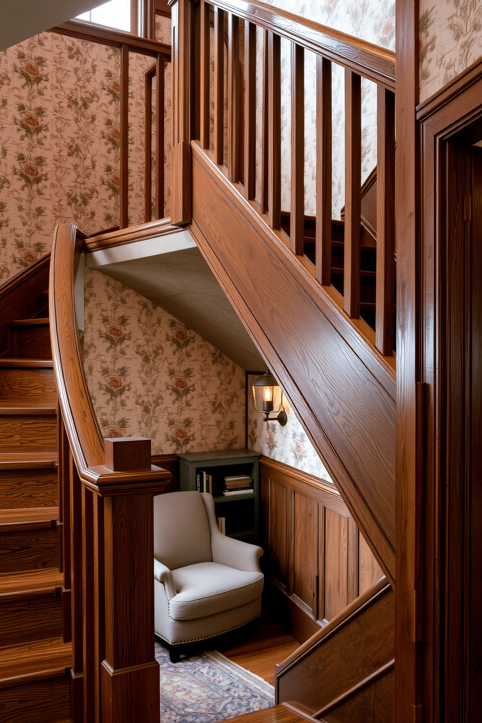 A stained wood staircase with a distressed finish leads gracefully to the upper level, showcasing the natural grain and imperfections of the wood. The surrounding walls are adorned with vintage-style wallpaper, enhancing the rustic charm of the space. Beneath the staircase, a cozy reading nook is created with a plush armchair and a small bookshelf, inviting relaxation. Soft, warm lighting from a wrought-iron sconce highlights the textures of the wood and the inviting atmosphere.