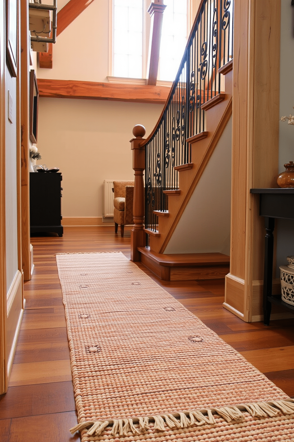 A rustic carpet runner made from natural fibers stretches along a wooden floor, adding warmth and texture to the space. The fibers are woven in earthy tones, complementing the surrounding decor and enhancing the cozy atmosphere. The staircase features exposed wooden beams and a wrought iron railing, creating a charming, rustic appeal. Soft lighting illuminates the steps, highlighting the natural grain of the wood and inviting a sense of warmth and welcome.