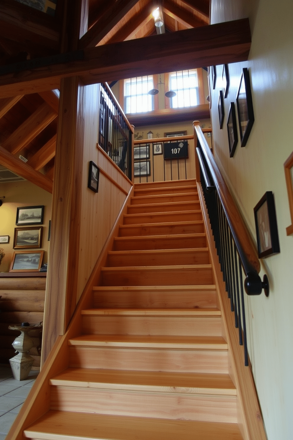 Cedar wood steps with a natural finish lead up to a cozy loft space, surrounded by exposed wooden beams that enhance the rustic charm. The staircase features wrought iron railings, adding a touch of elegance while seamlessly blending with the earthy tones of the wood. The walls are adorned with vintage-style photographs, creating a warm and inviting atmosphere. Soft, ambient lighting illuminates the stairs, highlighting the rich grain of the cedar and inviting guests to explore the upper level.