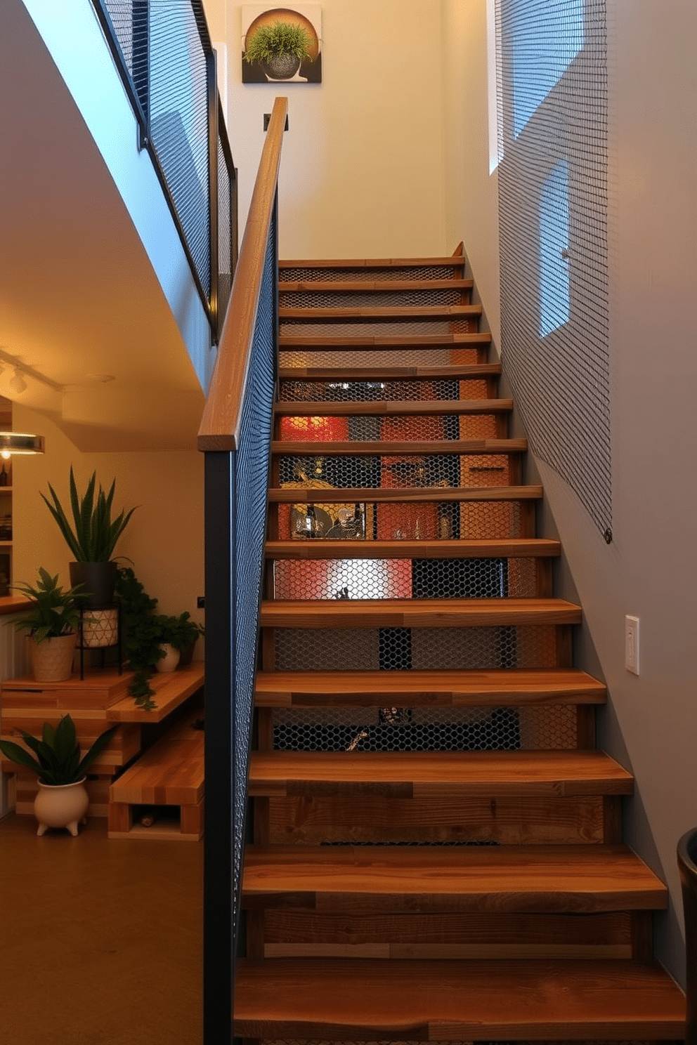 A modern rustic staircase features metal mesh panels that add an industrial touch while maintaining a warm, inviting atmosphere. The wooden steps are crafted from reclaimed timber, enhancing the rustic appeal, and the metal railings provide a contemporary contrast. Incorporating decorative elements like potted plants along the staircase can soften the overall look. The use of ambient lighting highlights the texture of the wood and metal, creating a stunning visual effect.