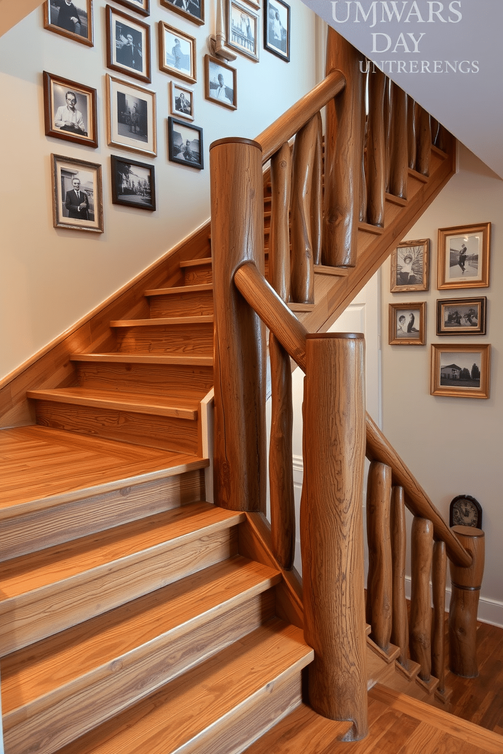 A rustic staircase featuring sturdy tree trunk posts that add a natural, organic feel to the space. The treads are made of reclaimed wood, showcasing unique grain patterns and a warm finish that enhances the home's charm. The walls adjacent to the staircase are adorned with vintage photographs in distressed frames, creating a gallery-like atmosphere. Soft, ambient lighting is installed along the staircase, highlighting the natural textures and inviting a cozy ambiance.