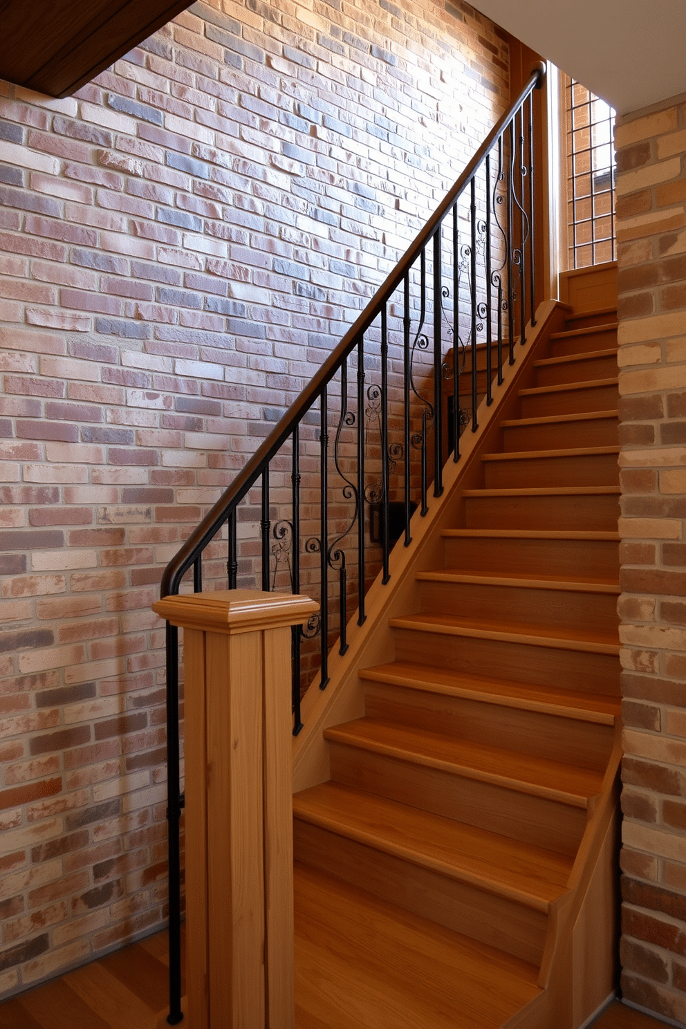 A rustic staircase features an exposed brick wall that adds warmth and character to the space. The wooden staircase, with its natural finish, complements the rugged texture of the brick, creating a harmonious blend of materials. The staircase is adorned with wrought iron railings that enhance its rustic charm. Soft, ambient lighting highlights the brick wall, casting gentle shadows that emphasize the architectural details.