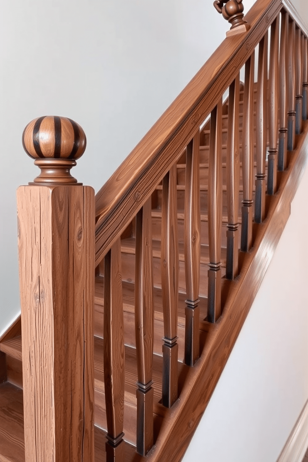 A rustic staircase features an antique wooden handrail that adds character and warmth to the space. The stairs are crafted from reclaimed wood, showcasing natural imperfections and a rich patina that enhances the overall charm of the design.