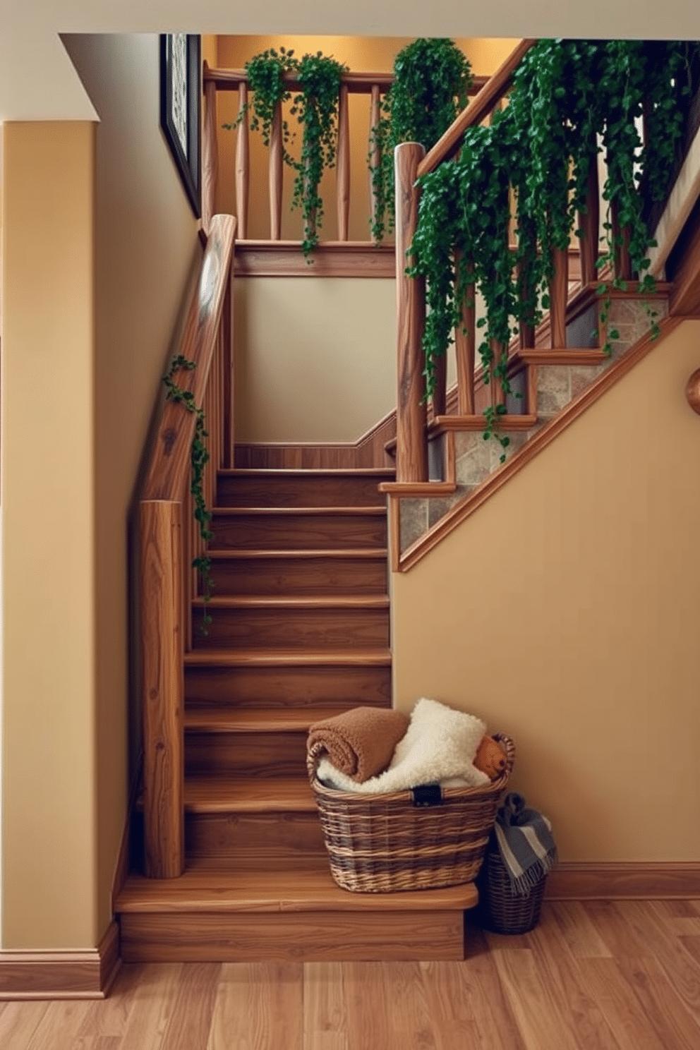 A rustic staircase adorned with an earthy color palette features wooden steps that blend seamlessly with the surrounding decor. The walls are painted in warm beige, complemented by natural wood railings and accents of deep green plants cascading from the landing. Soft, ambient lighting illuminates the staircase, highlighting the textures of reclaimed wood and stone elements. A woven basket filled with cozy blankets rests at the bottom, inviting a sense of warmth and comfort to the space.