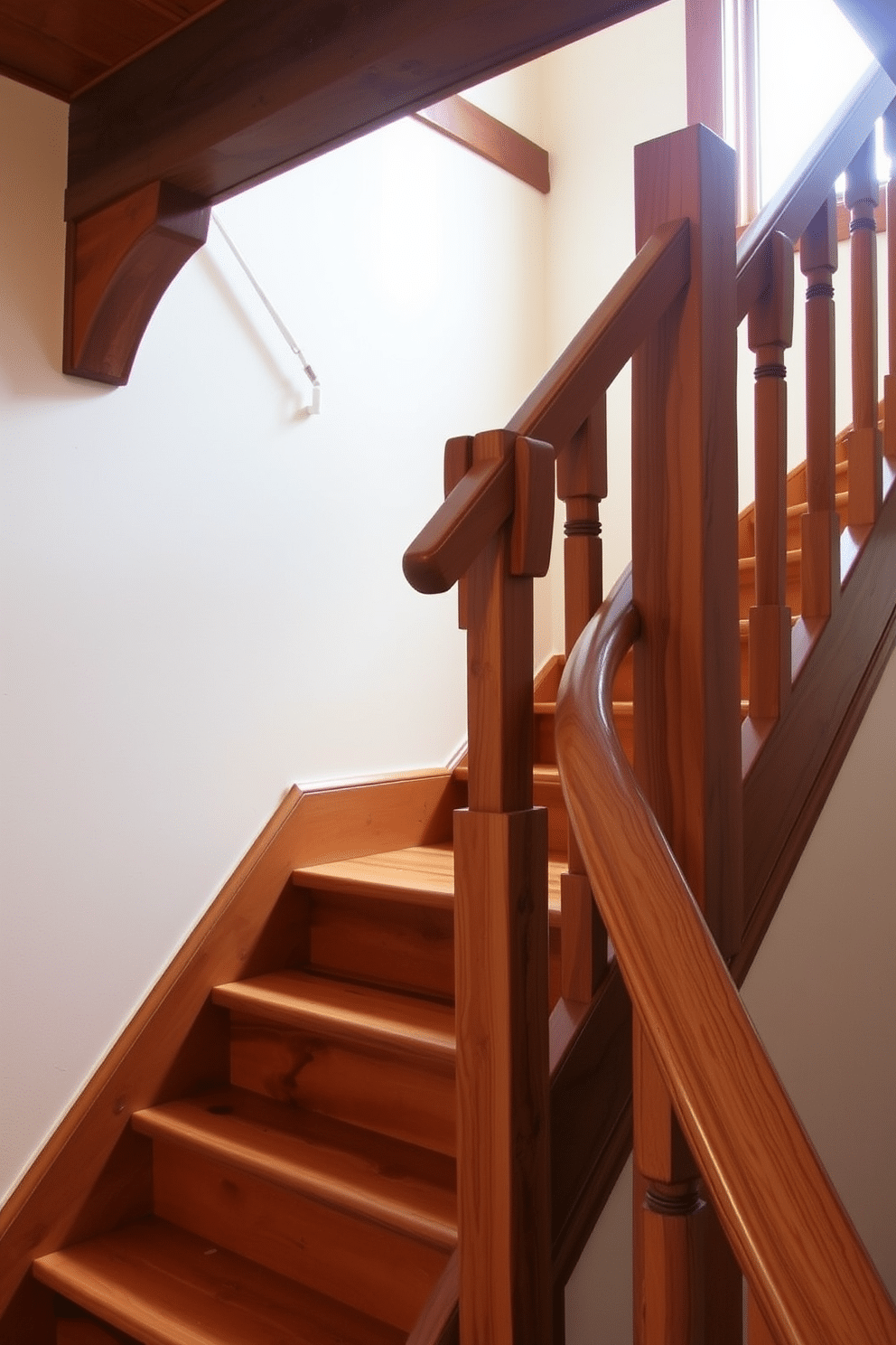 A charming rustic staircase features decorative wooden corbels that add character and support beneath each step. The warm wood tones of the staircase contrast beautifully with the soft, natural light filtering in from a nearby window, creating an inviting and cozy atmosphere.