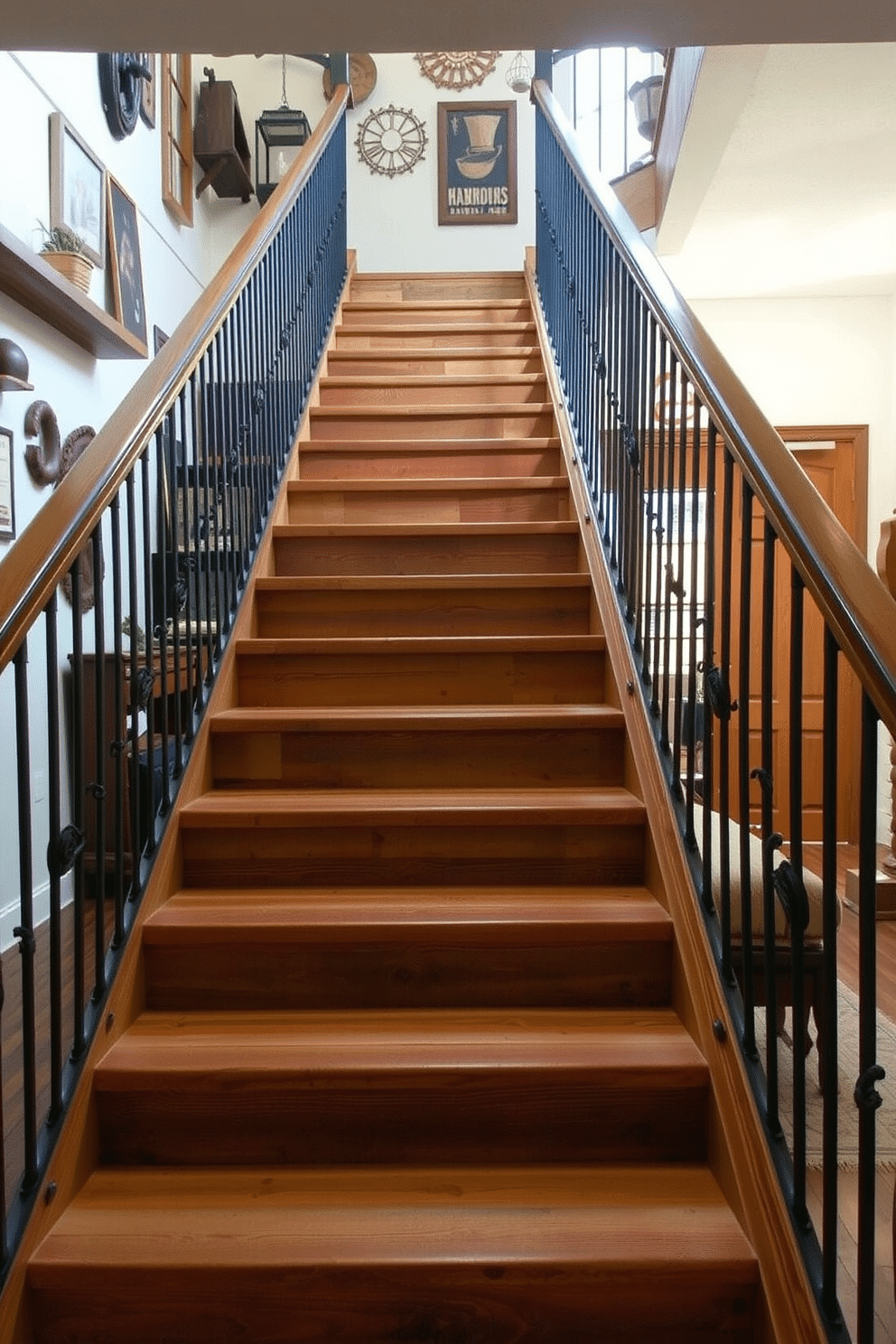 A rustic staircase features reclaimed barn wood treads and risers, showcasing the natural grain and texture of the wood. The staircase is framed by wrought iron railings, creating a striking contrast with the warm tones of the wood. Soft, ambient lighting illuminates the staircase, highlighting the craftsmanship and inviting a cozy atmosphere. The surrounding walls are adorned with vintage farmhouse decor, enhancing the rustic charm of the space.