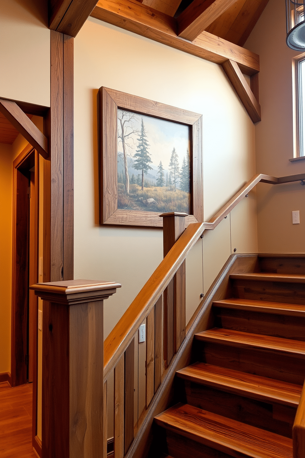 A rustic-themed artwork adorns the staircase wall, featuring a large, weathered wooden frame that encapsulates a landscape painting of a serene forest scene. The warm tones of the artwork complement the natural wood of the staircase, which boasts exposed beams and a handcrafted railing. The staircase design incorporates reclaimed wood steps, each uniquely textured, creating a sense of history and charm. Soft, ambient lighting highlights the artwork and staircase, enhancing the inviting atmosphere of the space.