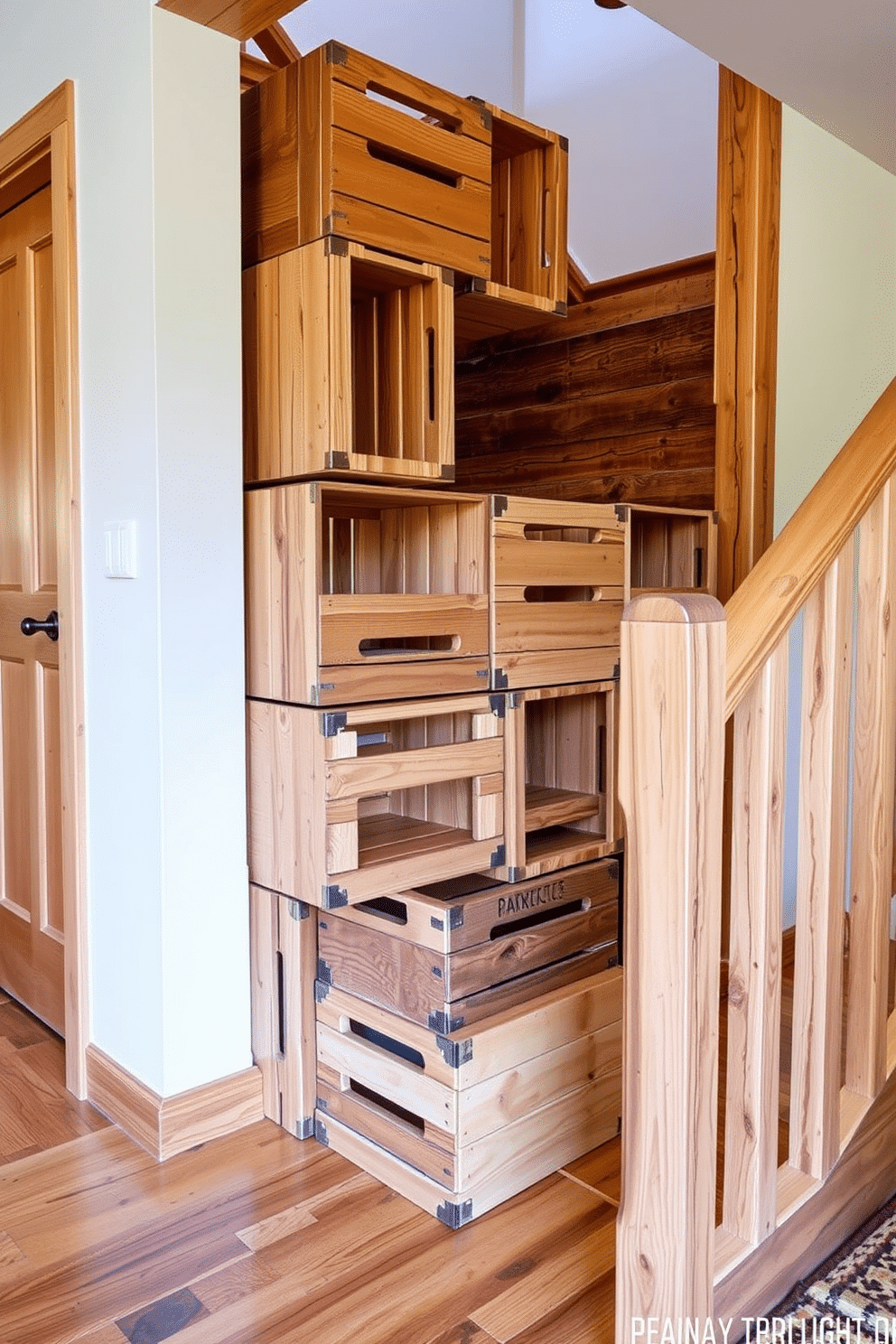 A cozy staircase featuring wooden crates as innovative storage solutions. The crates are artfully arranged along the side of the staircase, providing both functionality and a rustic charm. The staircase itself is constructed from reclaimed wood, showcasing natural knots and grains. Soft, warm lighting highlights the textures of the wood and the rustic appeal of the crates.