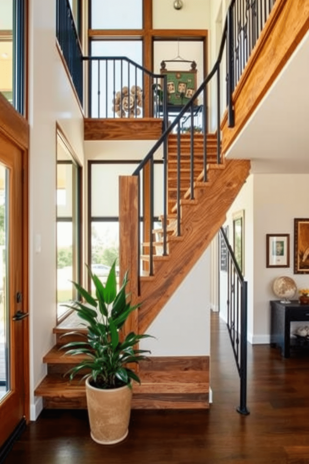 A stunning entryway features a rustic staircase made of reclaimed wood, with wrought iron railings that complement the natural materials. Large glass panels on either side allow light to flood the space, creating a warm and inviting atmosphere. The staircase is adorned with a mix of vintage and contemporary decor, including a large potted plant at the base and a series of framed art pieces along the wall. The combination of rustic charm and modern design elements creates a harmonious balance that enhances the overall aesthetic.