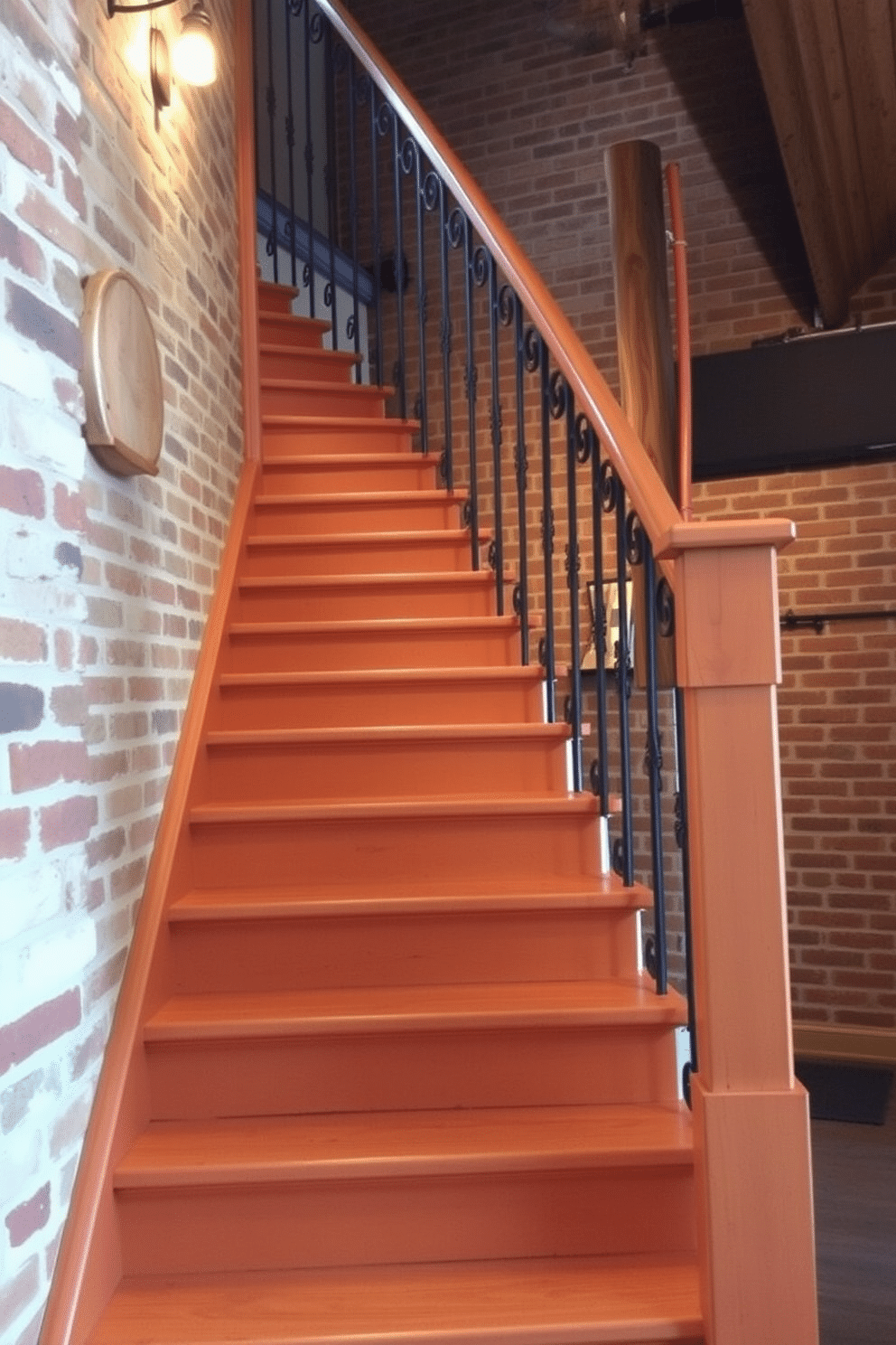 A rustic staircase featuring painted wood risers in a warm, inviting color. The risers are adorned with a distressed finish, complementing the natural wood treads and supporting beams that showcase the beauty of craftsmanship. Surrounding the staircase, exposed brick walls add character and texture, while a wrought iron railing enhances the rustic aesthetic. Soft, ambient lighting illuminates the space, creating a cozy atmosphere that invites you to ascend.