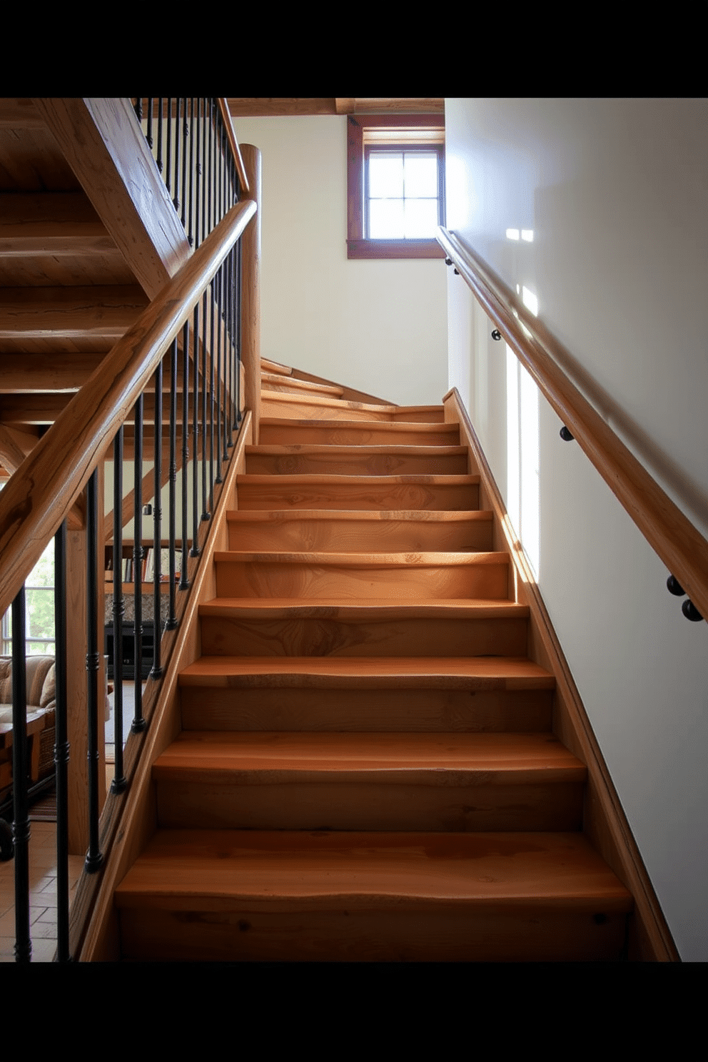 A rustic staircase featuring natural wood slab steps, showcasing the beautiful grain and texture of the wood. The staircase is surrounded by exposed wooden beams and a wrought iron railing, creating a warm and inviting atmosphere.