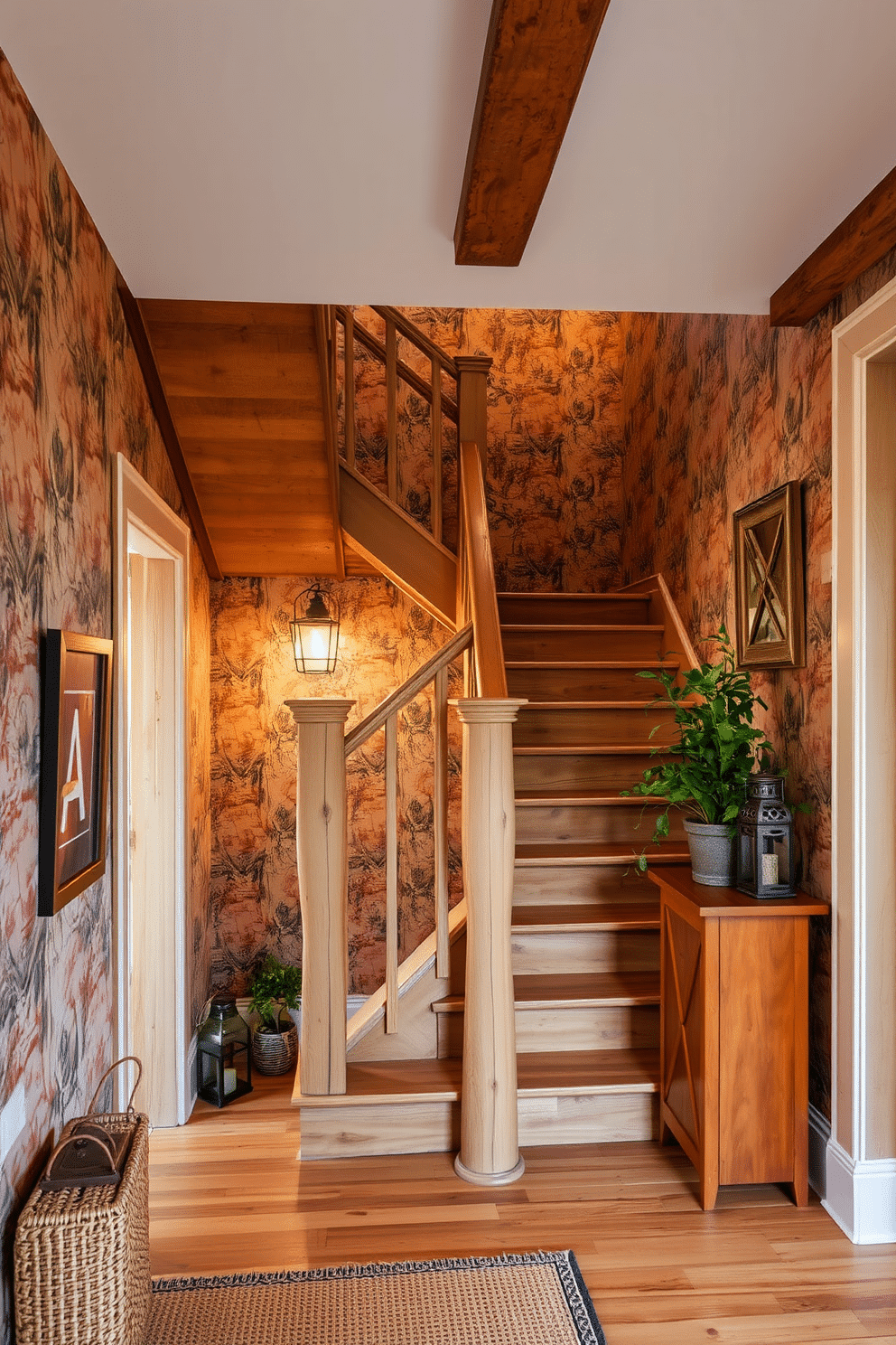 A cozy staircase adorned with rustic-themed wallpaper featuring earthy tones and nature-inspired patterns. The wallpaper complements the wooden staircase, which showcases exposed beams and a distressed finish, creating a warm and inviting atmosphere. The staircase is illuminated by soft, ambient lighting that highlights the textures of the wood and wallpaper. A woven runner adds comfort underfoot, while decorative elements like vintage lanterns and potted plants enhance the rustic charm.