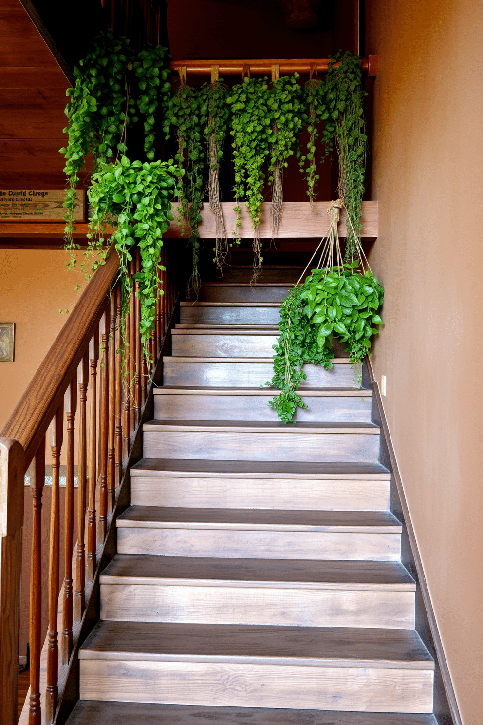 A rustic staircase features a sturdy wooden railing adorned with an array of lush hanging plants that cascade down, bringing a touch of nature indoors. The steps are crafted from reclaimed wood, showcasing their unique textures and imperfections, while the surrounding walls are painted in a warm, earthy tone to enhance the cozy atmosphere.