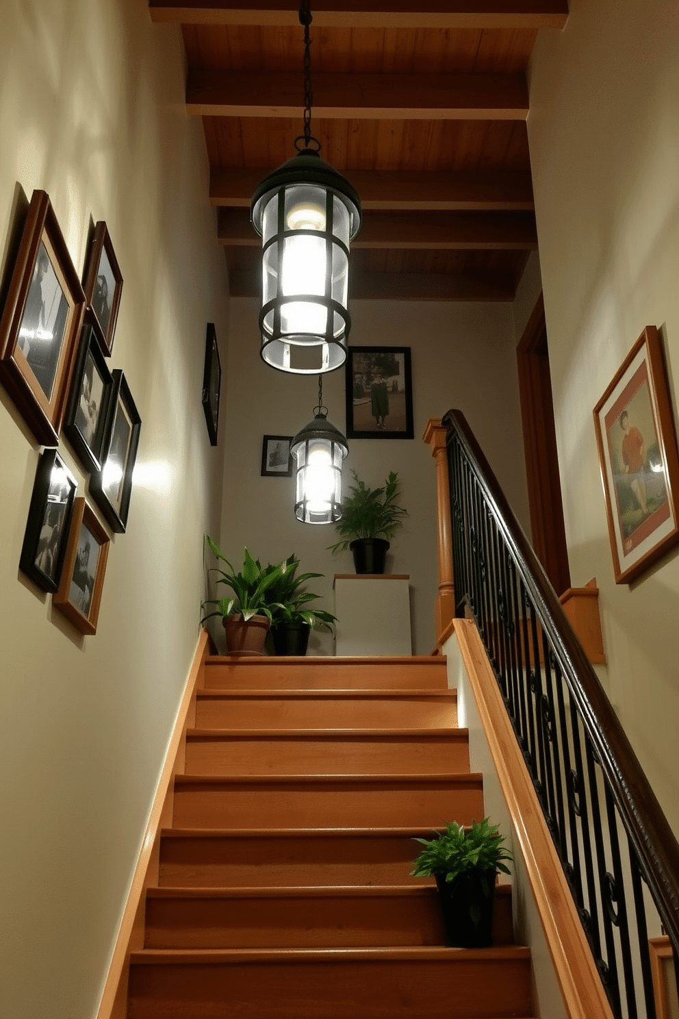 A charming staircase illuminated by rustic lanterns creates a warm and inviting atmosphere. The wooden steps are complemented by a wrought iron railing, and the walls are adorned with vintage photographs in distressed frames. Hanging from the ceiling, the rustic lanterns cast a soft glow, enhancing the natural wood tones of the staircase. The space is further enriched with potted plants on the landing, adding a touch of greenery to the rustic aesthetic.