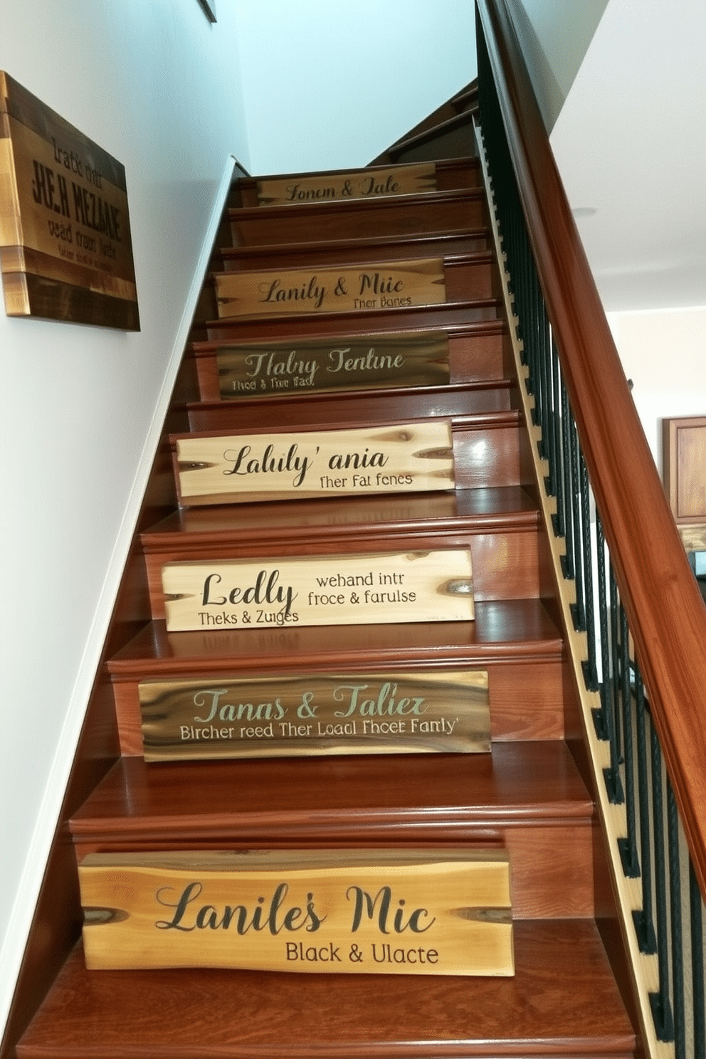 A charming staircase adorned with personalized wooden signs, each featuring unique family names and meaningful quotes. The signs are crafted from reclaimed wood, showcasing natural textures and a warm, inviting finish. The staircase itself is constructed from rich, dark wood, with wrought iron railings that add a touch of elegance. Soft, ambient lighting highlights the rustic charm and guides the eye along the inviting ascent.