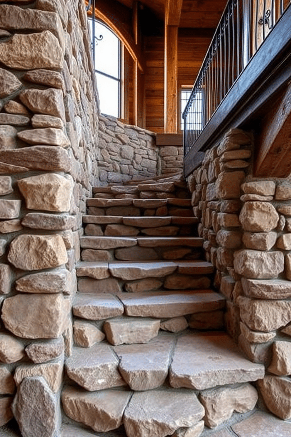 Natural stone steps create a rugged and earthy aesthetic, seamlessly blending with the surrounding landscape. Each step is uniquely shaped, showcasing the natural variations in texture and color, providing a sturdy yet inviting pathway. The rustic staircase features exposed wooden beams and a wrought iron railing, enhancing the charm of a countryside retreat. Warm, rich tones of the wood contrast beautifully with the rugged stone, creating a harmonious balance between elegance and nature.