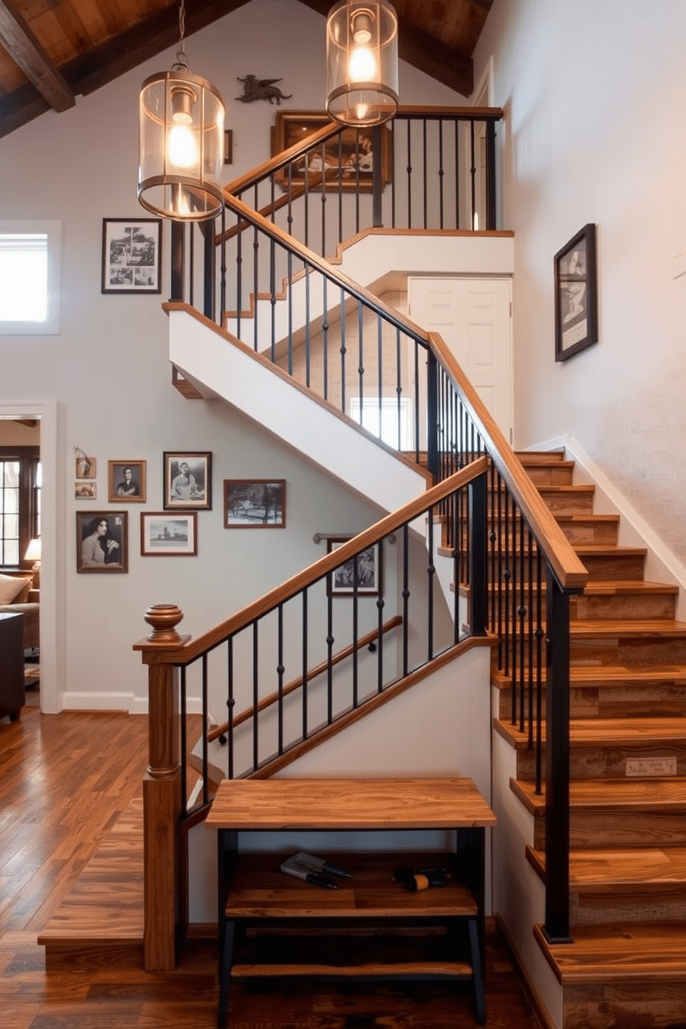 Open riser staircase featuring reclaimed wood steps and wrought iron railings. The staircase is illuminated by warm pendant lights, creating an inviting atmosphere in a cozy, rustic home. The walls are adorned with vintage photographs and a textured stone finish, enhancing the rustic charm. A small wooden bench sits at the base, providing a functional and decorative element.