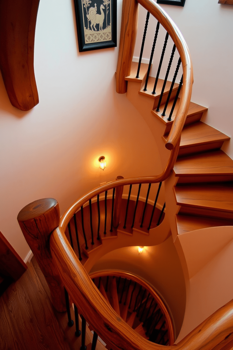 A stunning spiral staircase features rich wooden logs as accents, seamlessly blending with the surrounding rustic decor. The handrail is crafted from polished timber, complementing the natural textures of the log elements and enhancing the warm ambiance of the space. The staircase spirals gracefully upward, showcasing intricate craftsmanship that highlights the beauty of the wood grain. Soft, ambient lighting illuminates the staircase, casting gentle shadows that accentuate its unique design and inviting atmosphere.