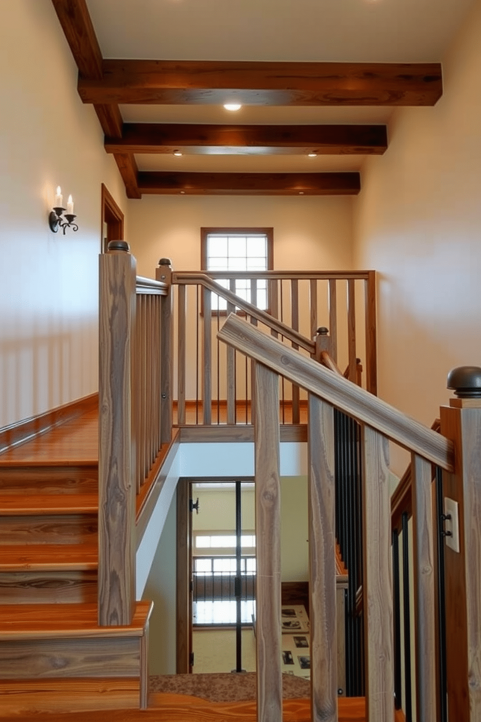 A rustic ladder-style railing design features weathered wooden slats that create a warm and inviting atmosphere. The railing is complemented by wrought iron brackets, adding a touch of industrial charm while ensuring safety and stability. For the rustic staircase design, consider using reclaimed wood for the treads and risers, showcasing the natural grain and imperfections. Surround the staircase with exposed beams and soft, ambient lighting to enhance the cozy, farmhouse feel.