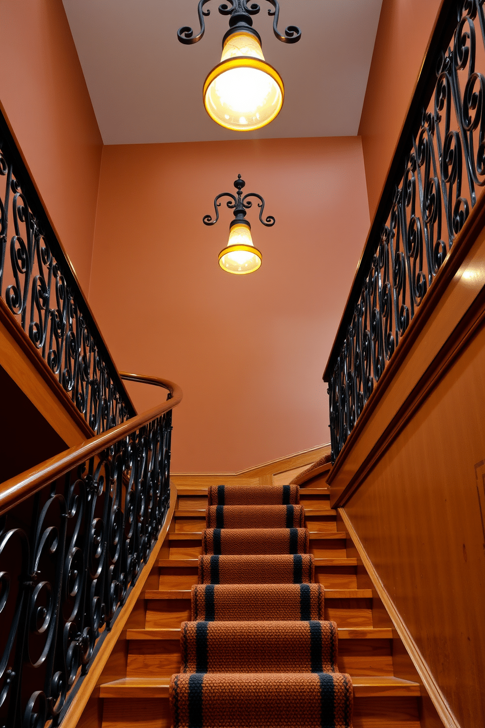 A vintage-style staircase features ornate wrought-iron railings and warm wooden steps that evoke a sense of nostalgia. Above, elegant light fixtures with amber glass shades hang gracefully, casting a soft glow that enhances the rustic charm of the space. The staircase is adorned with a richly textured runner, complementing the natural wood tones. Surrounding walls are painted in a warm, earthy hue, creating a cozy atmosphere that invites you to ascend.