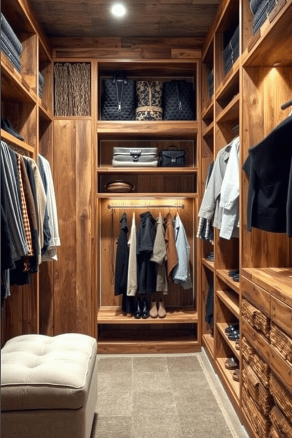 A rustic walk-in closet featuring reclaimed wood shelving units that showcase various clothing and accessories. The warm tones of the wood create an inviting atmosphere, complemented by soft, ambient lighting that highlights the textures of the materials. The shelving units are arranged to maximize space, with open compartments for easy access to shoes and bags. A cozy seating area with a plush ottoman is included, providing a perfect spot for putting on shoes or enjoying a moment of relaxation.