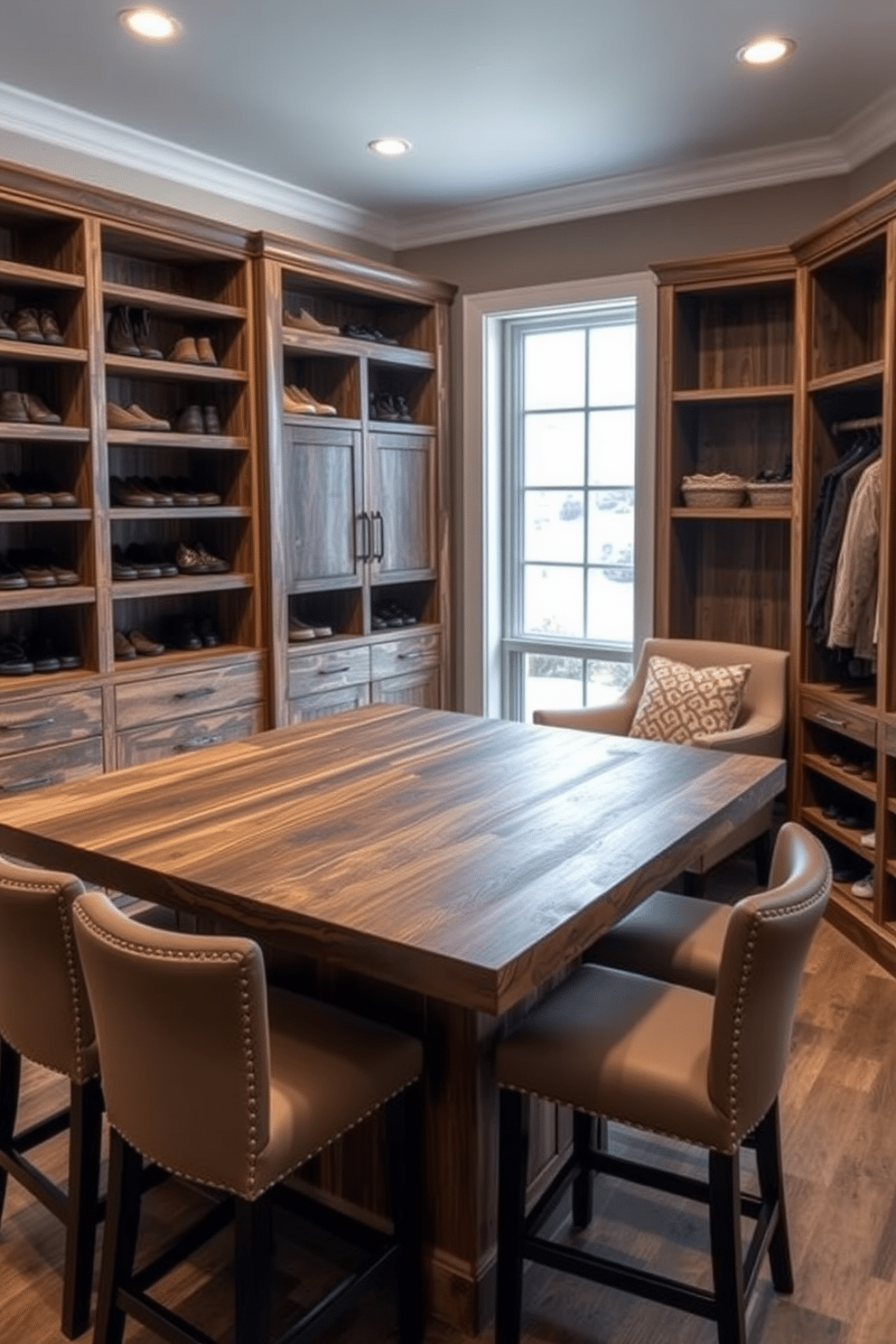 A rustic wooden island with a seating area features a large, reclaimed wood top that showcases its natural grain and texture. Surrounding the island are comfortable, upholstered bar stools in earthy tones, creating an inviting space for casual dining and gatherings. The rustic walk-in closet design is characterized by open shelving made of distressed wood, providing ample storage for shoes and accessories. Soft, warm lighting illuminates the space, while a cozy seating nook with a plush chair adds a touch of comfort and style.