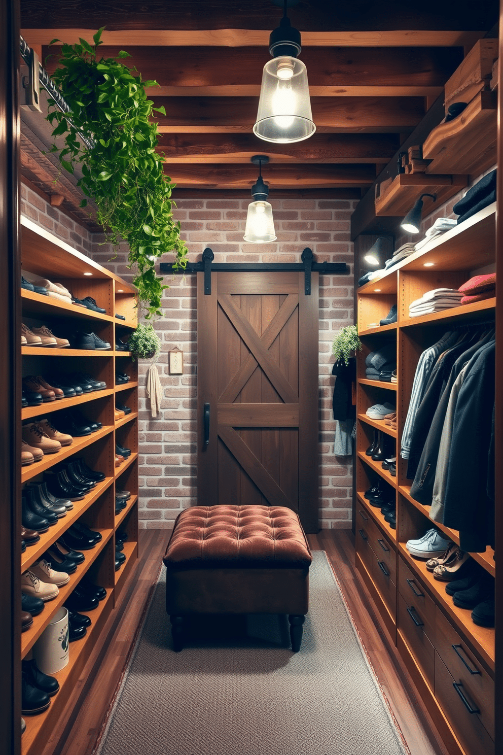 A cozy walk-in closet featuring hanging plants that add a touch of greenery to the space. The wooden shelves are lined with neatly organized shoes and accessories, while a plush ottoman sits in the center for comfort. Rustic elements are highlighted with reclaimed wood beams and a sliding barn door. Soft, warm lighting enhances the natural textures of the exposed brick walls and vintage-style fixtures.