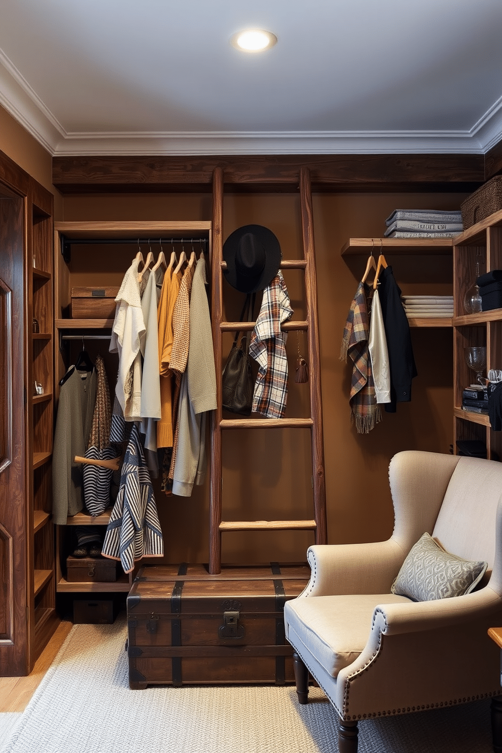 A vintage wooden ladder leans against the wall, adorned with neatly hung clothes and accessories. The rustic walk-in closet features reclaimed wood shelving, soft ambient lighting, and a cozy armchair in the corner for a touch of elegance. The walls are painted in a warm, earthy tone, enhancing the natural textures of the wood. A vintage trunk sits at the foot of the ladder, providing additional storage and charm to the space.