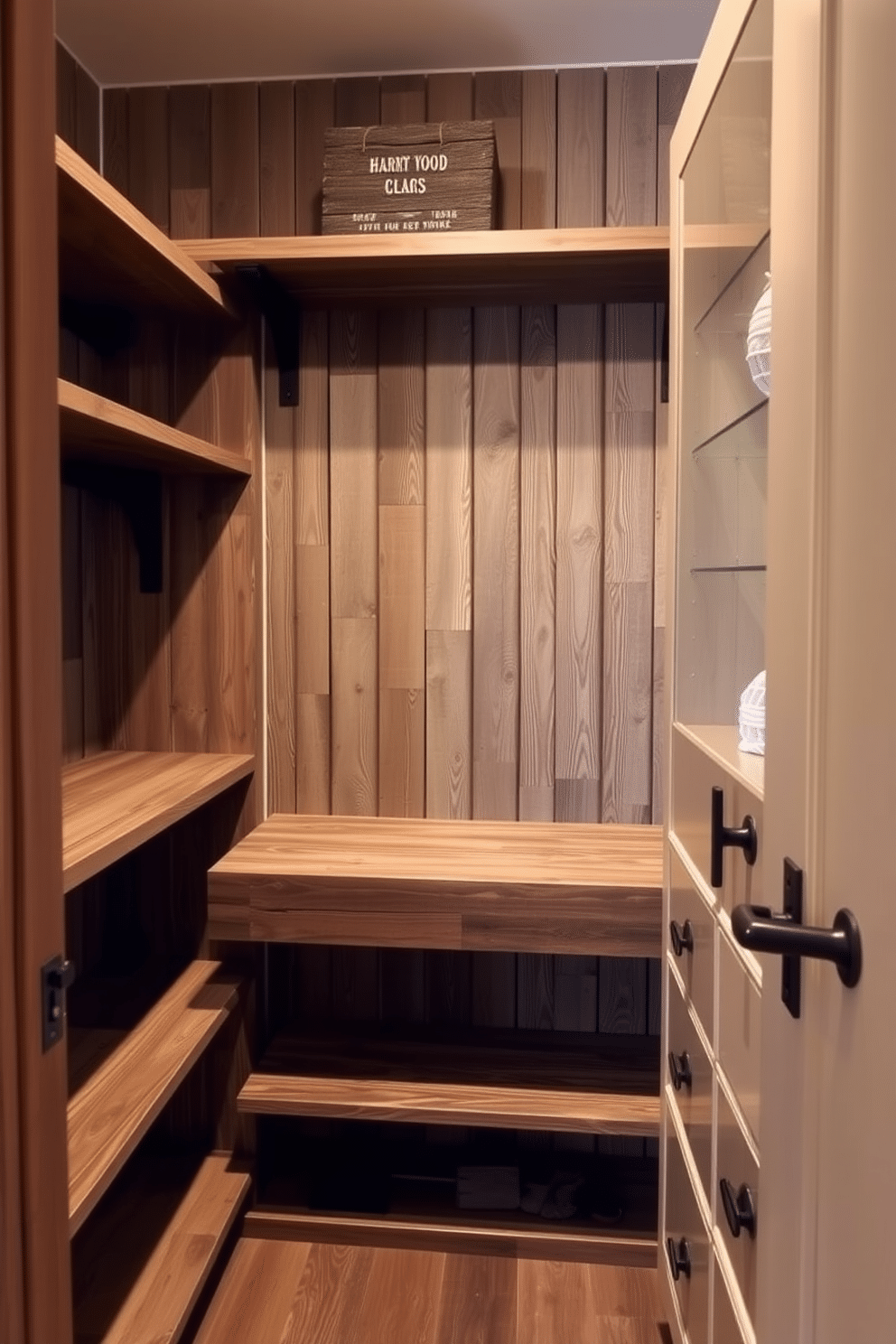 A rustic walk-in closet featuring a barn wood accent wall that adds warmth and texture to the space. The closet is equipped with open shelving made of reclaimed wood, complemented by vintage-style metal hardware for a charming, country-inspired look.