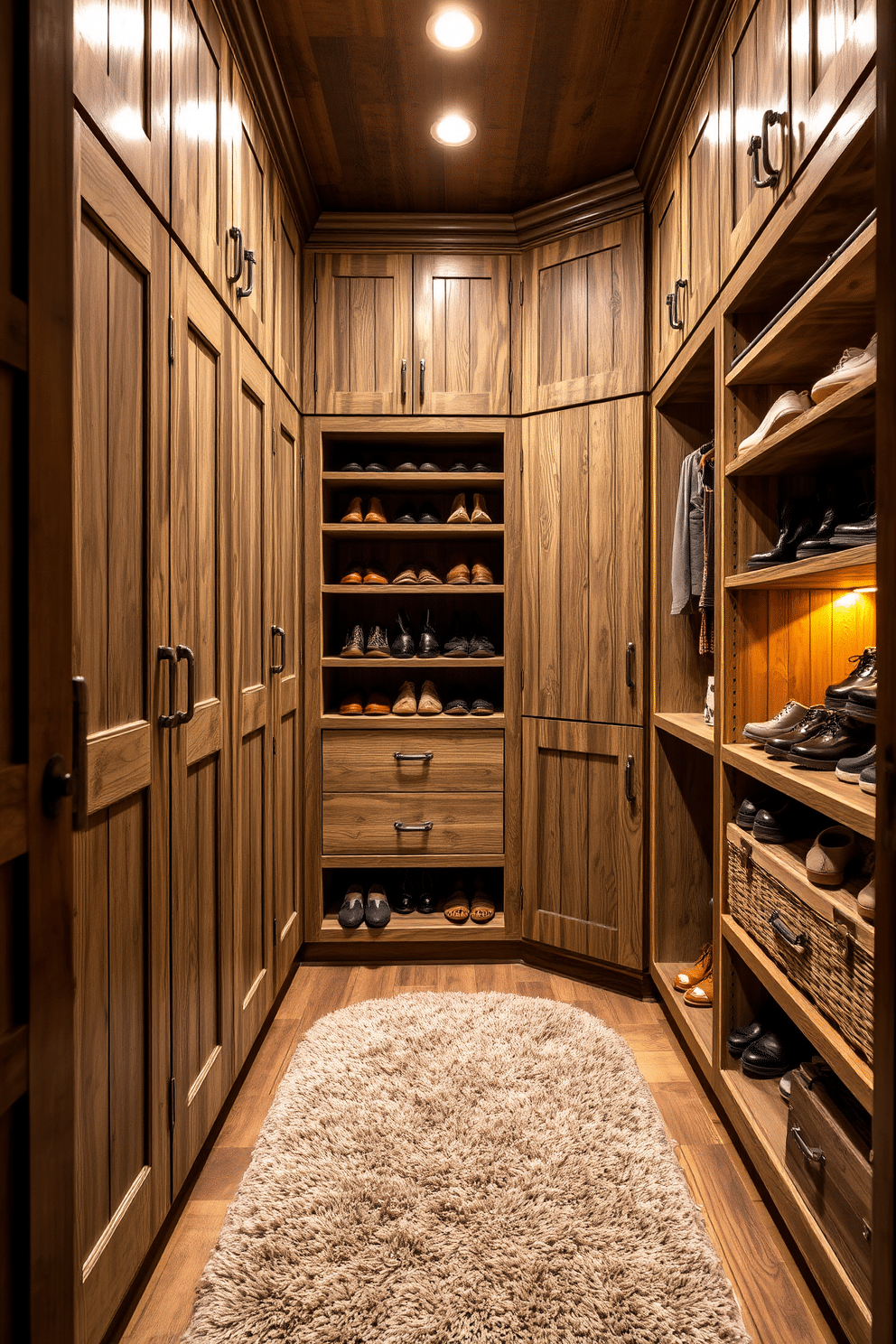 A rustic walk-in closet featuring custom cabinetry with a distressed finish. The cabinetry is adorned with vintage hardware, and the shelves are filled with neatly organized shoes and accessories. Soft, warm lighting illuminates the space, highlighting the natural textures of the wood. A plush area rug adds comfort underfoot, while a full-length mirror reflects the charm of the rustic design.